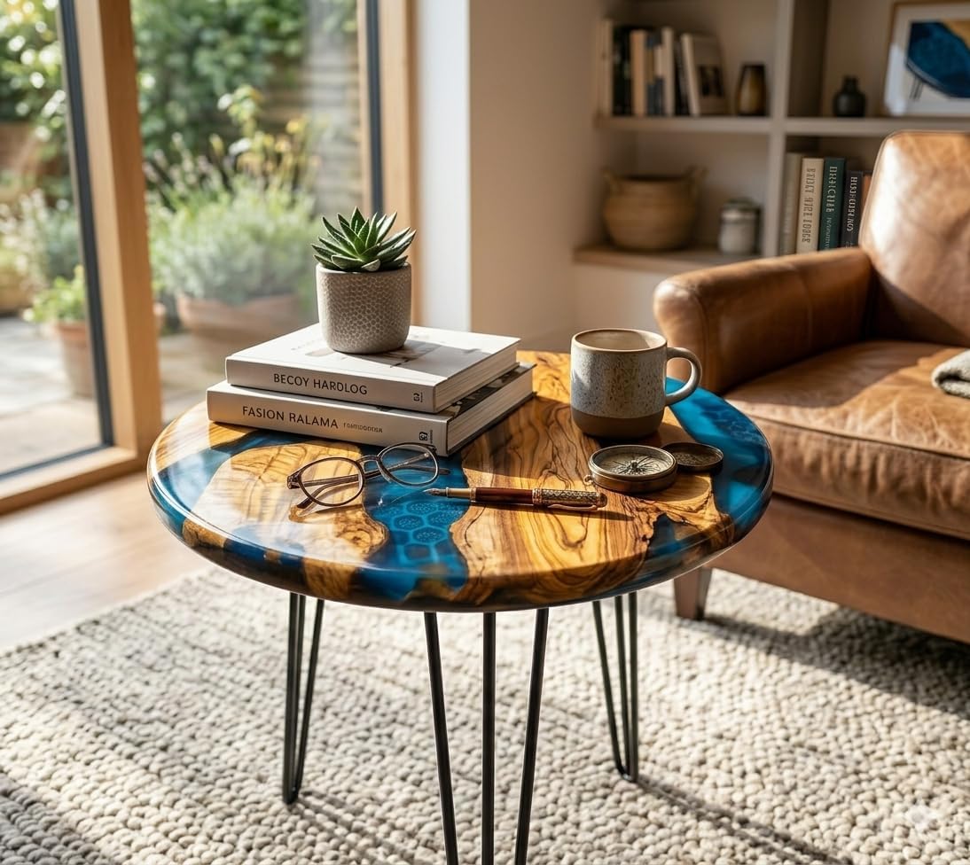 Handcrafted Olive Wood and Walnut Nesting Tables with Resin Inlay, Round Tops, Hairpin Legs, Set of 3 (Blue, Olive)