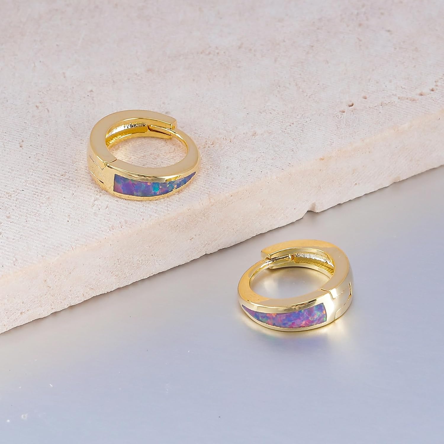 CiNily Opal Earrings for Women Trendy Gold Hoop Earrings, 14k Gold Plated Small Huggie Earrings Tiny Hoops Chunky Gold Earrings Lightweight Thick Gold Hoops Stacks Earrings Silver Gold Opal Jewelry - Image 5