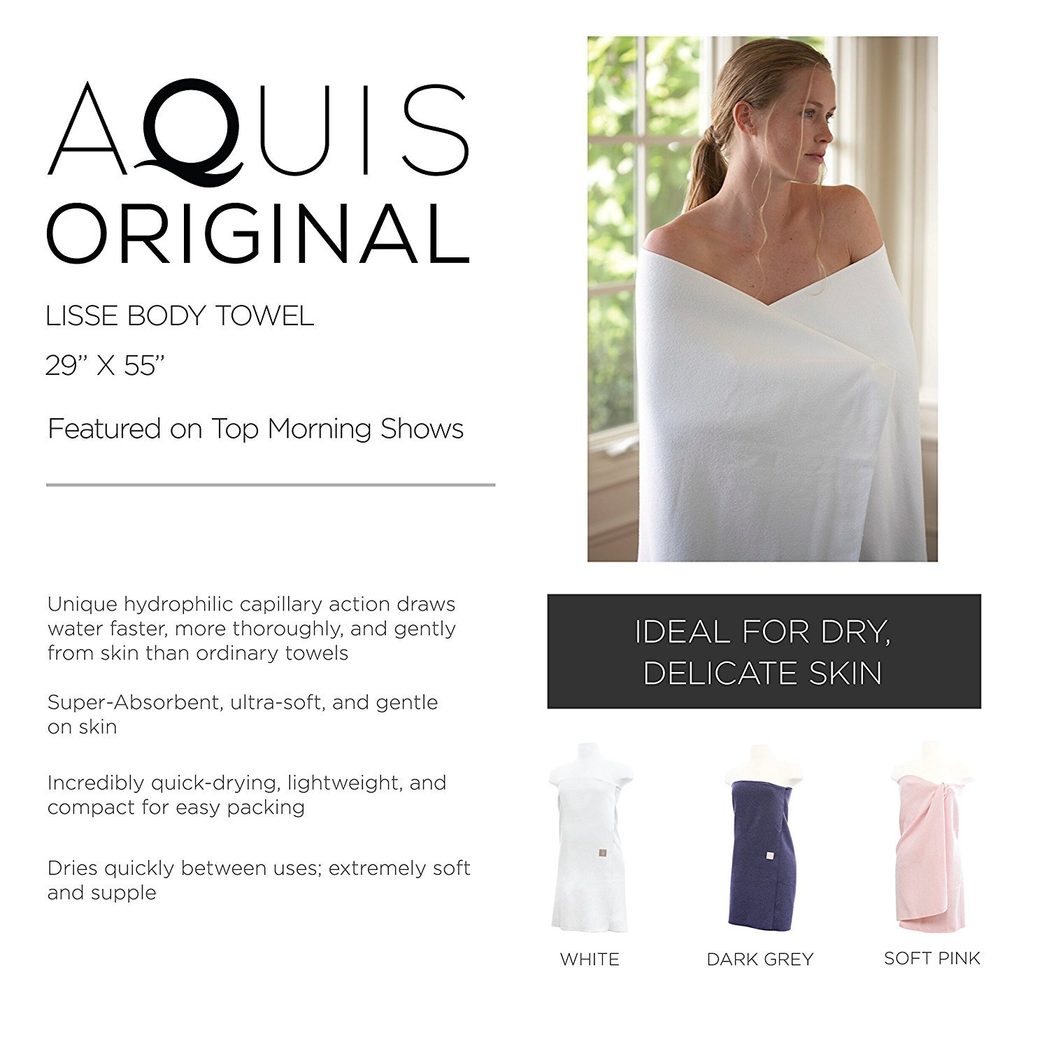 AQUIS Microfiber Body Towel Lisse (Smooth Fabric), Ultra Absorbent & Fast Drying Towel, (Dark Grey), (29" x 55")