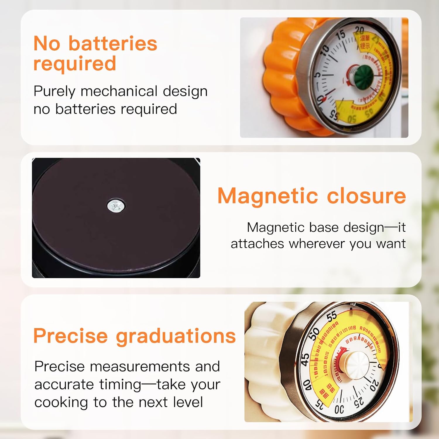 Mechanical Kitchen Timer with Strong Magnet, Loud Ring Wind Up Cooking Timer, No Battery Manual Countdown Timer for Baking, Cooking, BBQ, Study, Classroom, Seniors & Daily Reminders