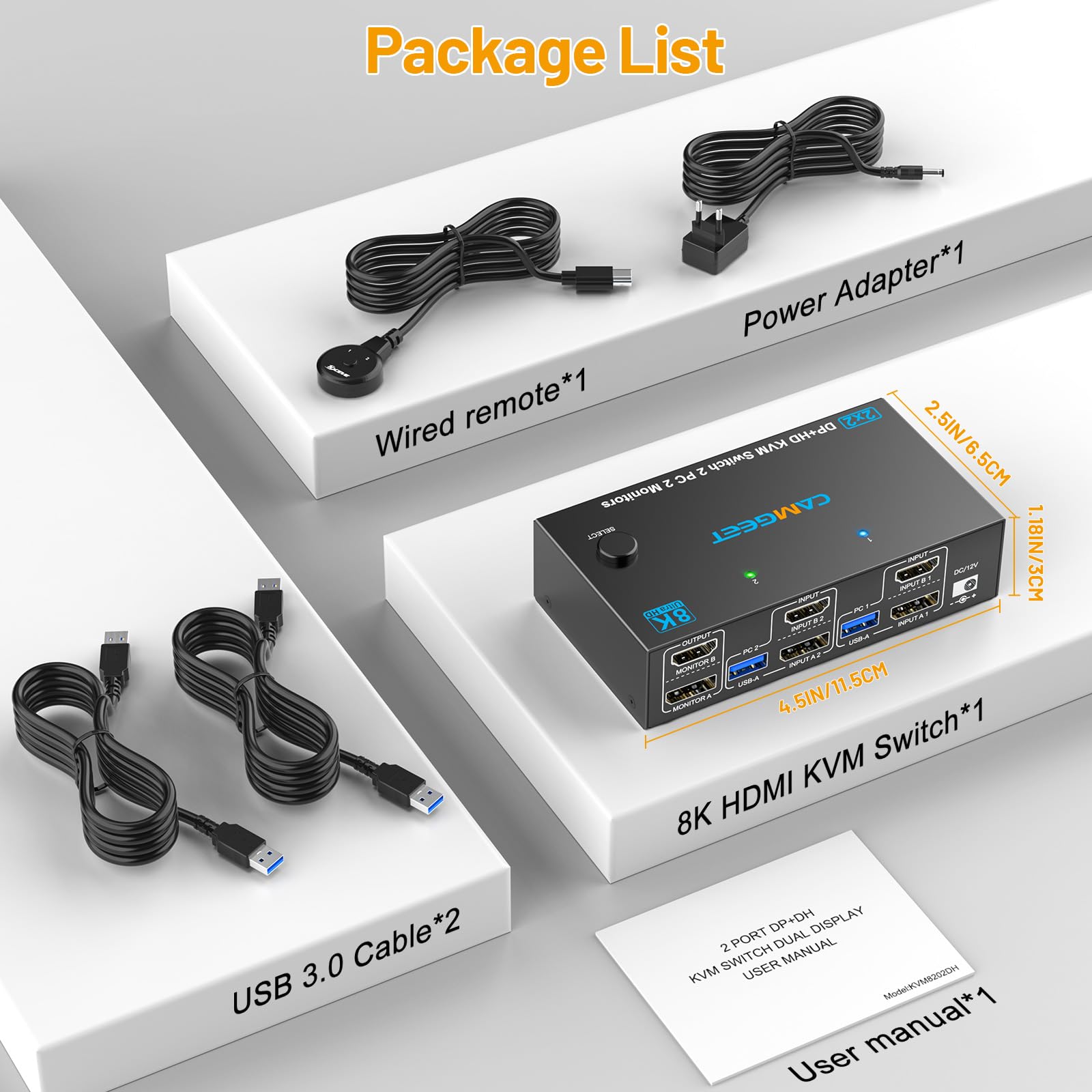 Displayport HDMI KVM Switch 2 PC 2 Monitore 4K@144Hz, Camgeet USB3.0 Dual Monitor KVM Switches für 2 computer teilen sich 2 monitore und 4 USB3.0 Geräte. Mit Desktop Controller, DC12V Adapter