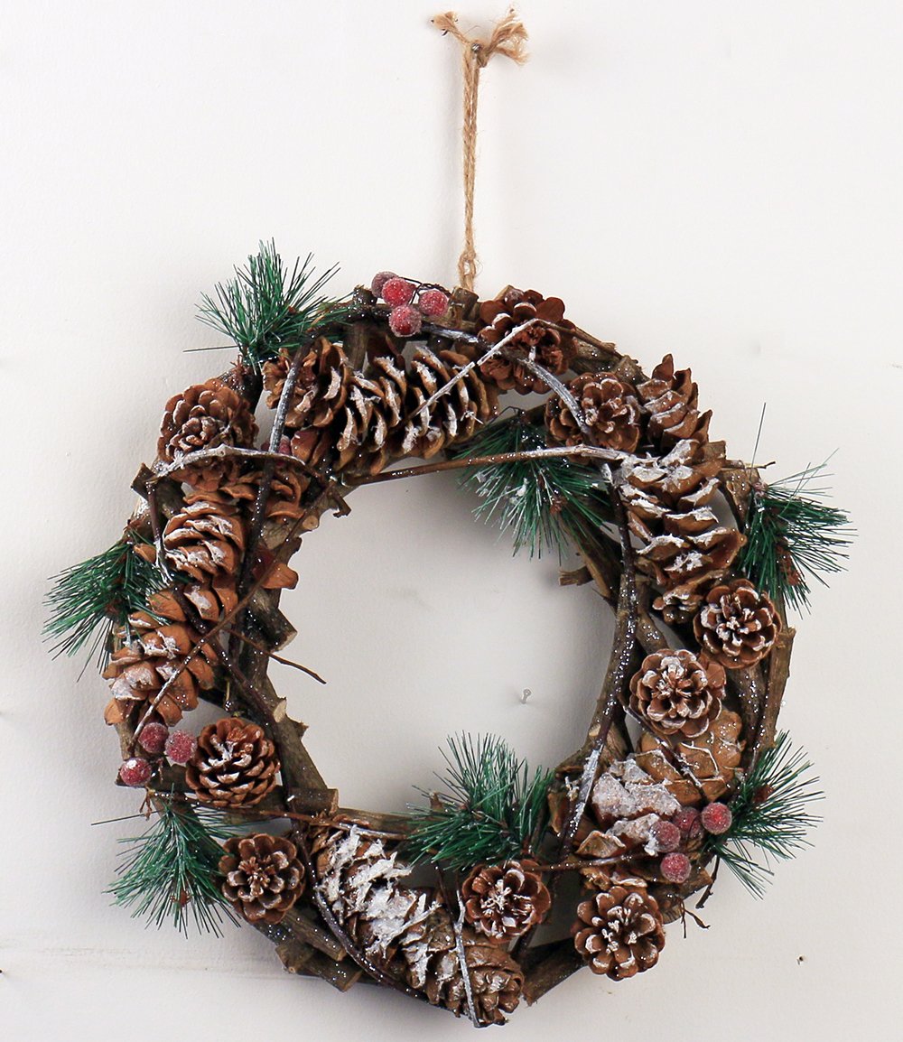 Duane Loyd Design Natural Birch Christmas Wreath with Pinecones Snowy Winter Front Door Wreath Woodland Rustic Birch Scraps Wedding Red Berry