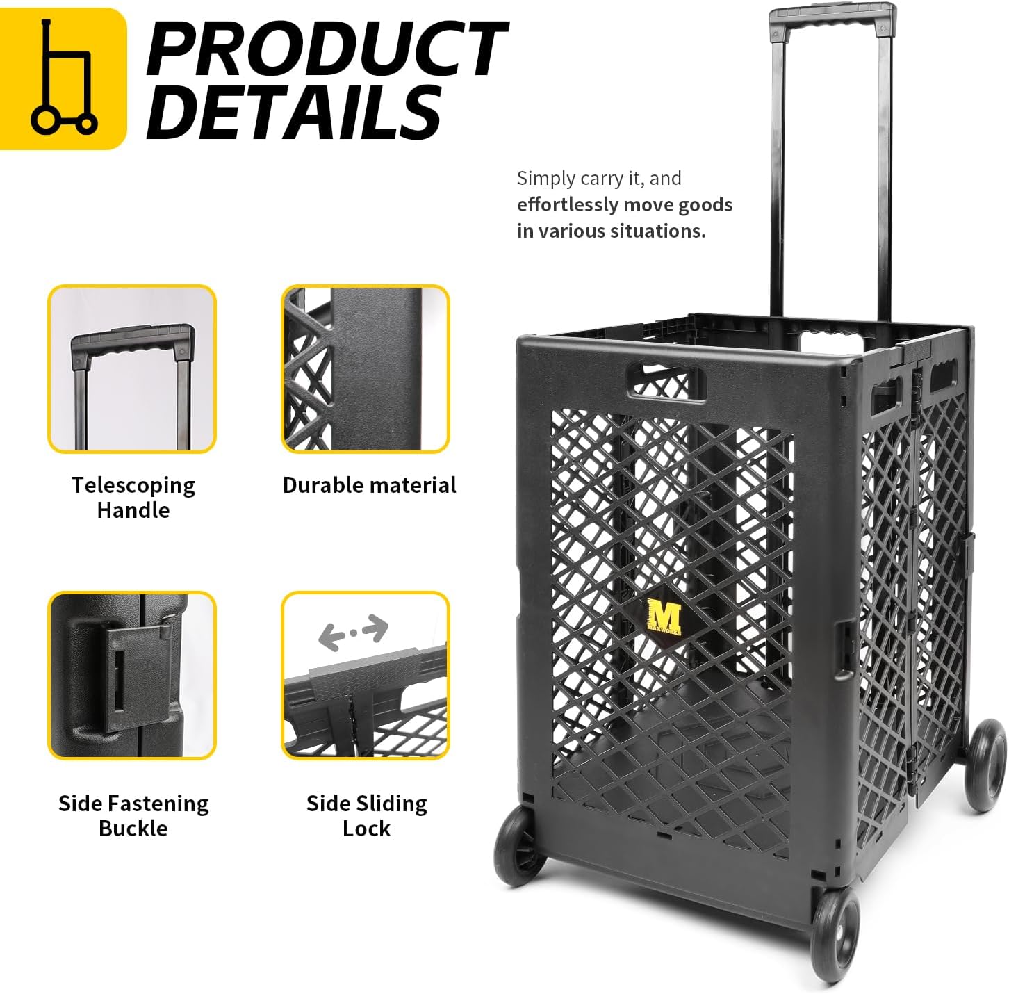 MaxWorks Foldable Rolling Utility Cart, Collapsible Hand Dolly with Telescoping Handle, 70 lbs Capacity, Lightweight Plastic Storage Crate, 16.5" x 15" x 39", No Assembly Needed