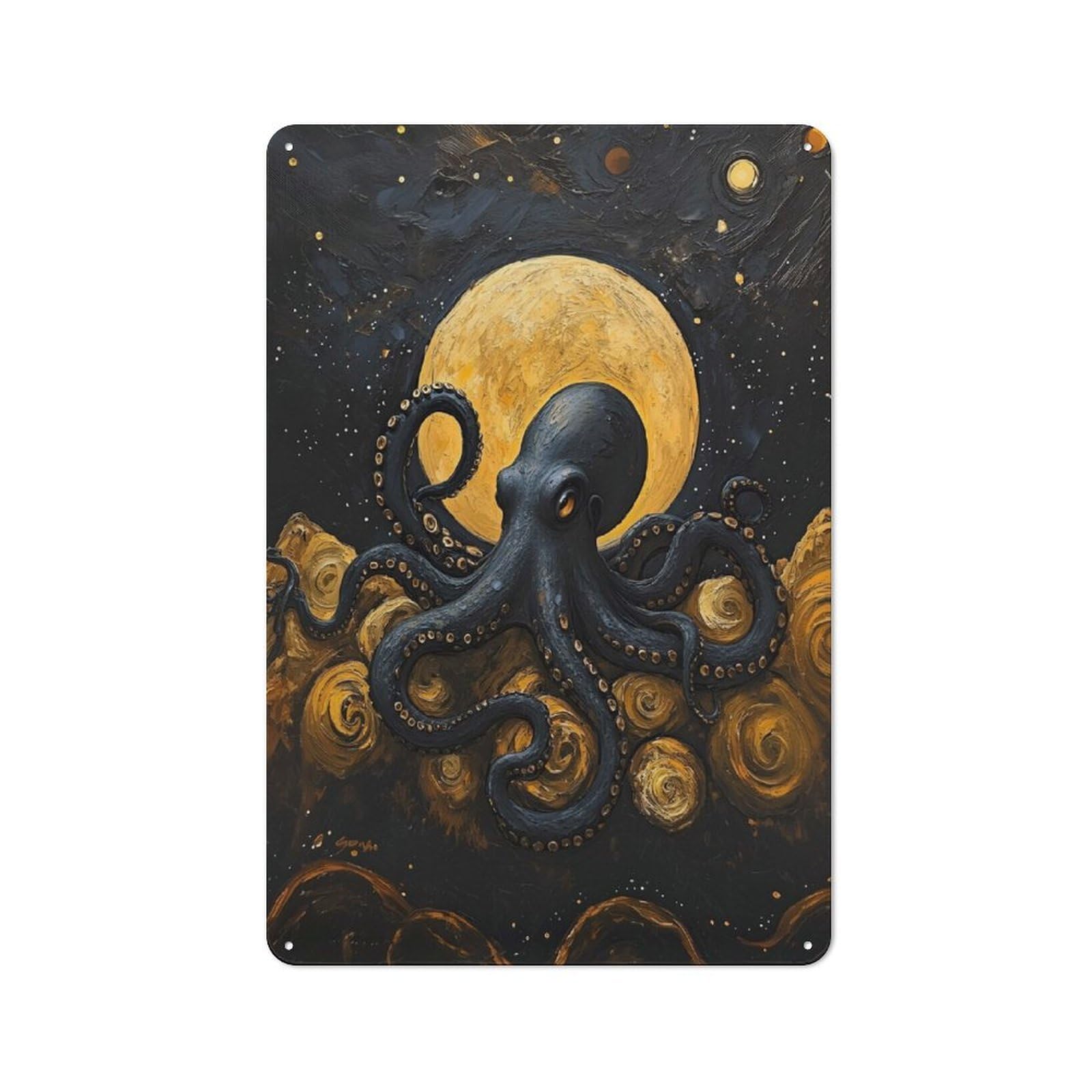 Junmoney Style Old Octopus And Moon Painting Metal Sign 30X20cm, Bar Wall Plaque For Diner, Restaurant, Shed Or Kitchen