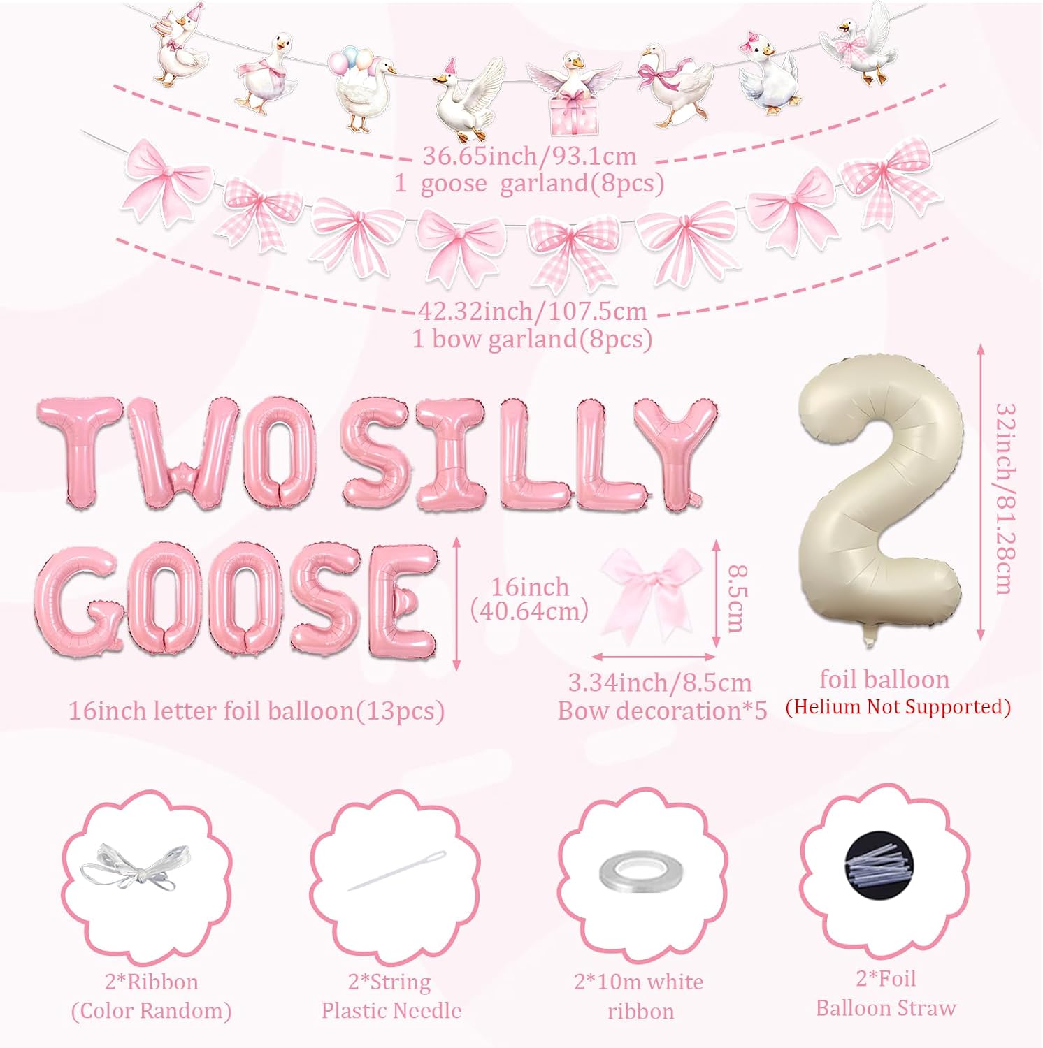 Two Silly Goose Birthday Decorations Pink Bow Geese Banner Two Silly Goose Number 2 Foil Balloons with Ribbon Bows Kit for Girls 2nd Birthday Party Supplies image 4