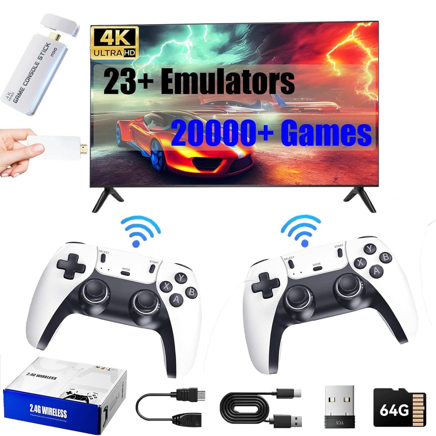 2025 Upgraded Wireless Retro gaming console, Plug & Play Video TV Game Stick with 4K Ultra HD,Built-in 23 Emulators, 20,000+ video games with Dual 2.4G white Wireless Controllers for TV Plug and Play(64G)