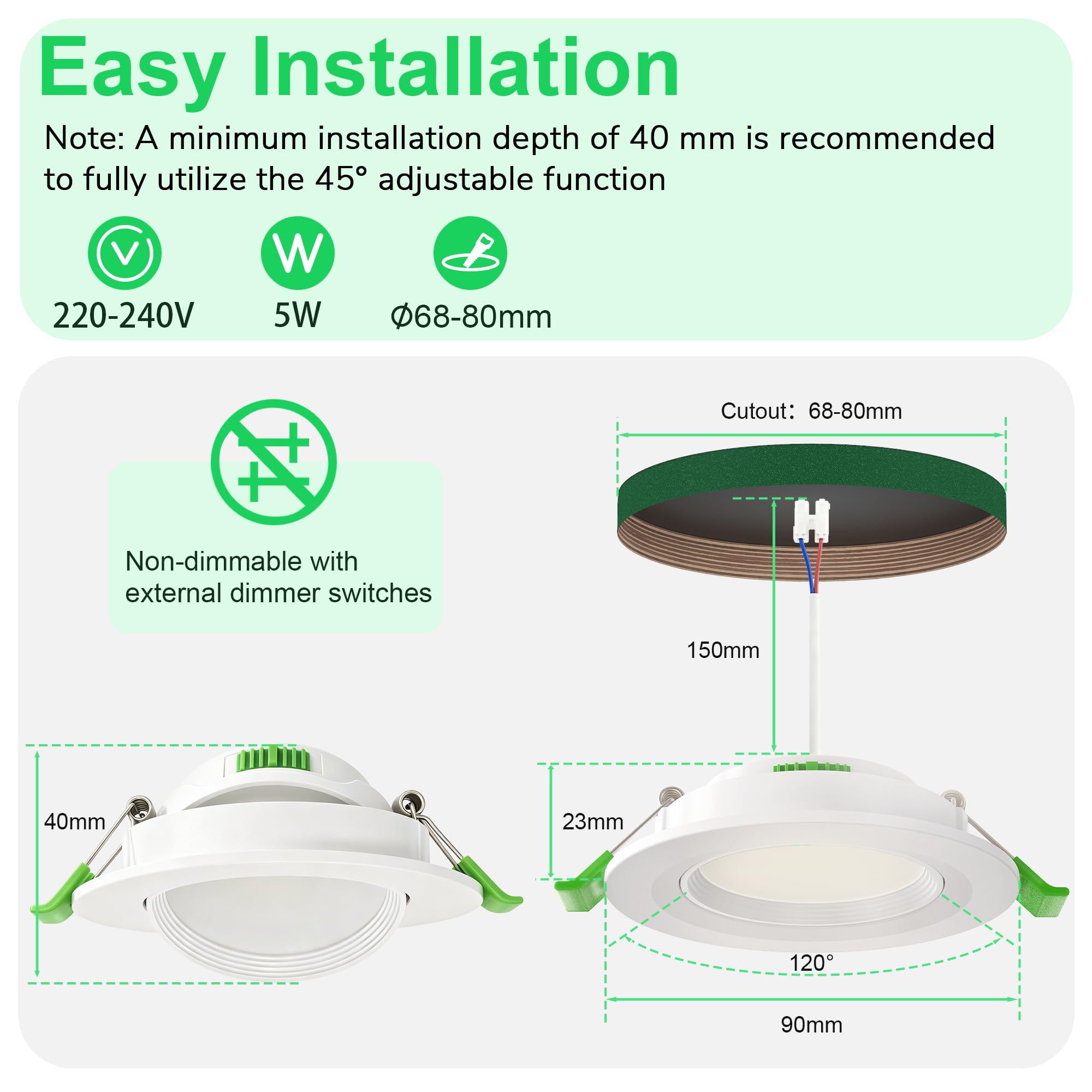 LED Einbaustrahler 230V 5W, 45° schwenkbar, 3CCT 2700K/4000K/6000K, 23 mm Ultra Flach, IP44 LED Spot für Ø68–80 mm Lochmaß, LED Einbauleuchten für Badezimmer, Wohnzimmer & Küche, Weiß 10er Set