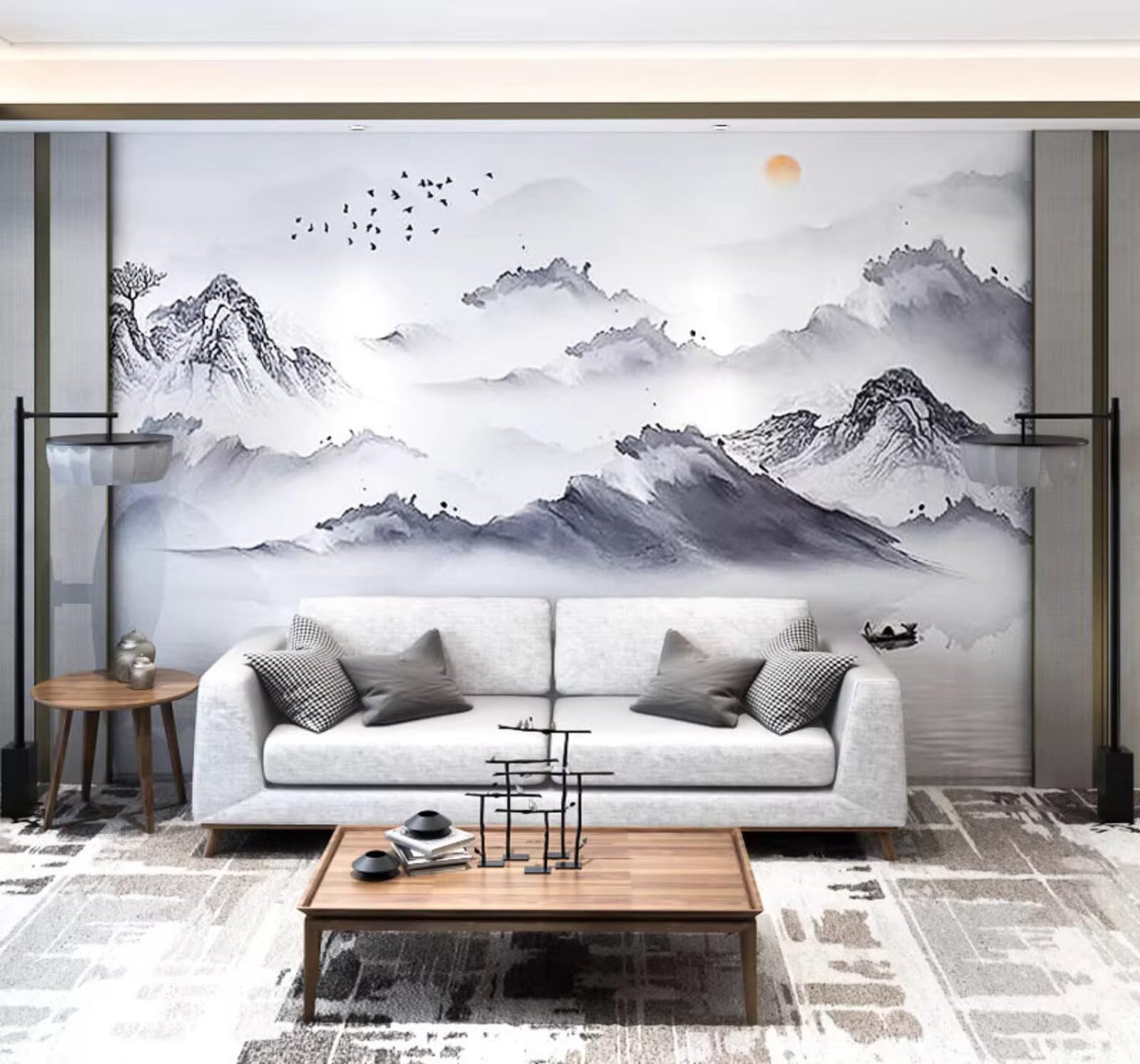 Xlming 300Cm×210Cm(B×H) Black And White Ink Wash Landscape Birds In Flight Sunrise 3D Wallpaper Premium Textured Silk Study Dining Living Room Bedroom Sofa Tv Wall Easy Install-300Cm×210Cm