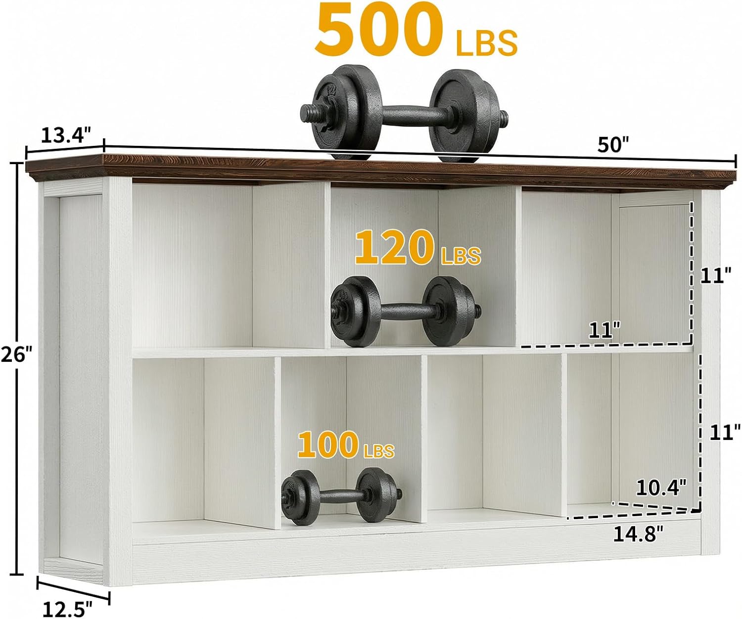 Unikito 7 Cube Storage Book Shelf - 50" Wide Wood Cube Storage Organizer, Wooden 2 Tiers Floor Standing Low Bookcase for Living Room, Bedroom, Home Office, Kids Room