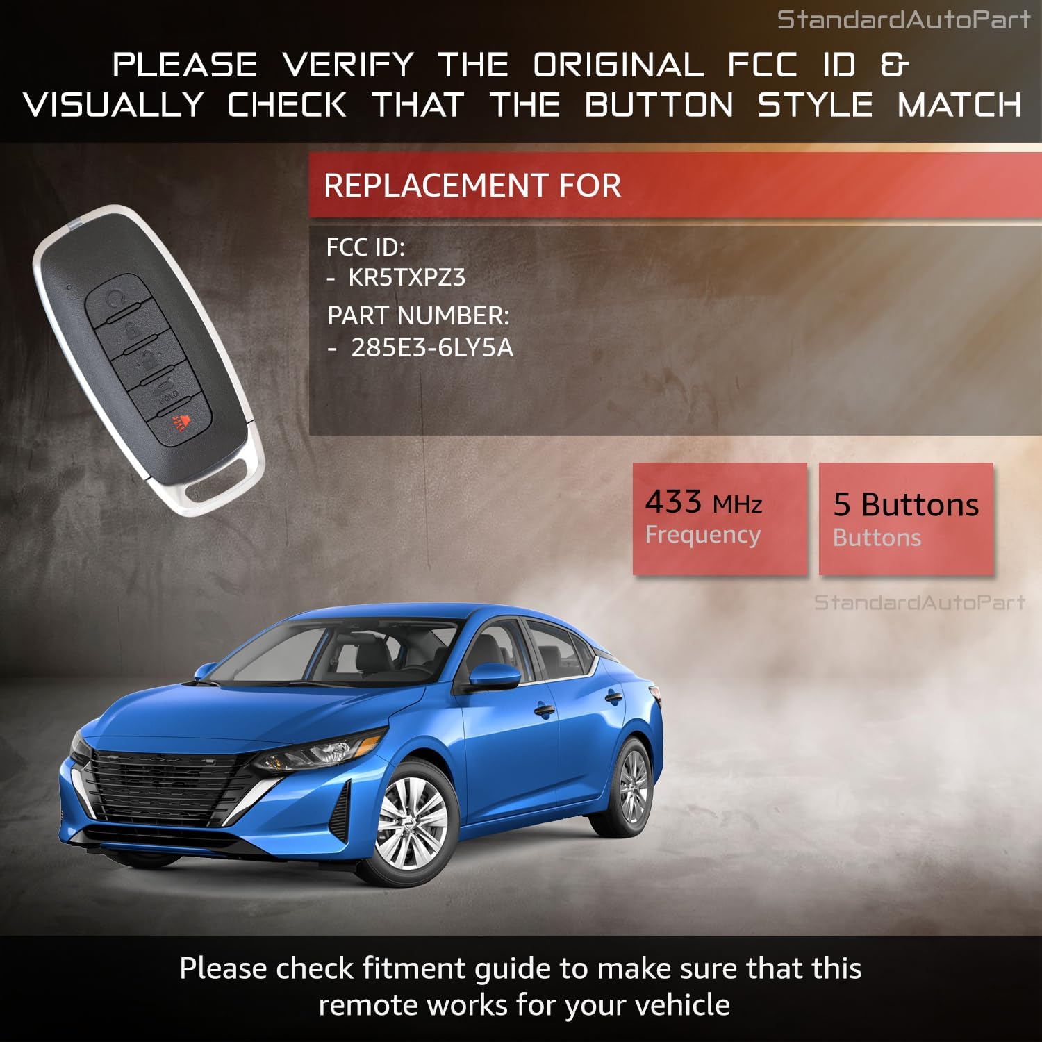 StandardAutoPart Smart Car Key Fob Remote Compatible with Nissan Versa Sentra 2023 2024 KR5TXPZ3 285E3-6LY5A (5 Button)