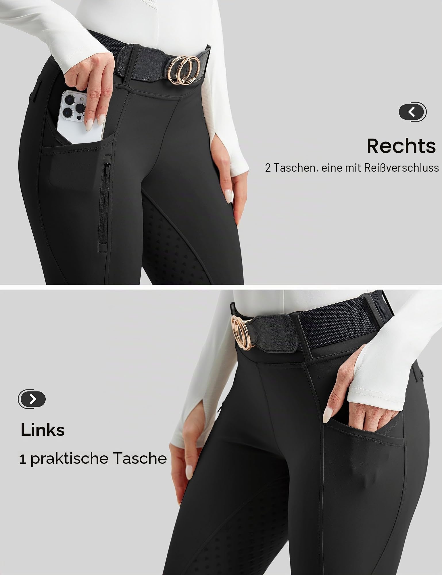 FitsT4 Sports Reithose Damen Reitleggings Silikon Vollbesatz Reithose Stretch Reiten Hosen Sommer mit 3 Seitentaschen und Gürtelschlaufen