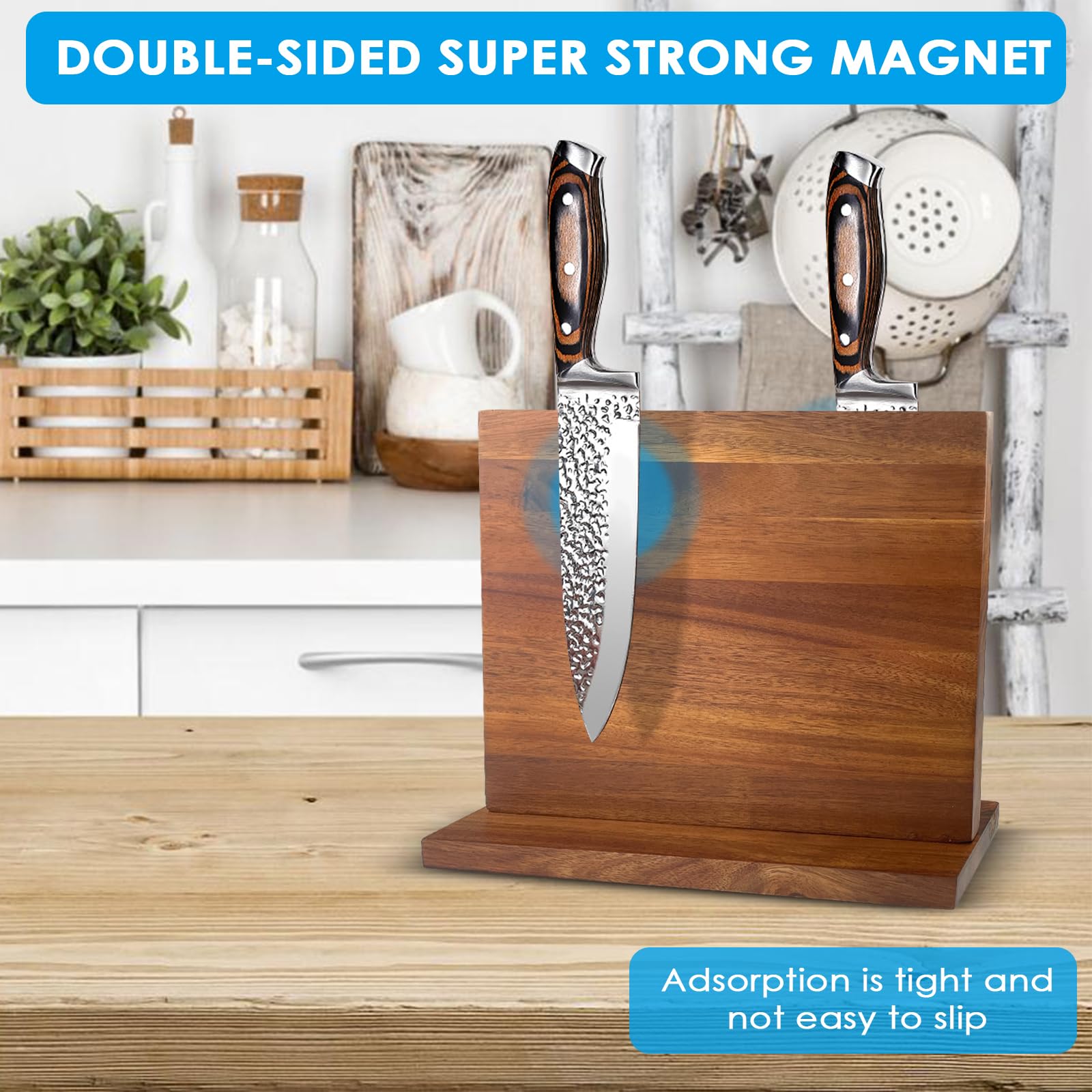 Porte Couteaux Aimanté, Porte Couteaux Cuisine, Bloc Couteaux Magnétique Bois d'Acacia, Aimanté Double Face Porte, Range Couteau de Cuisine avec Aimant Puissant, Antidérapant et Encombrant