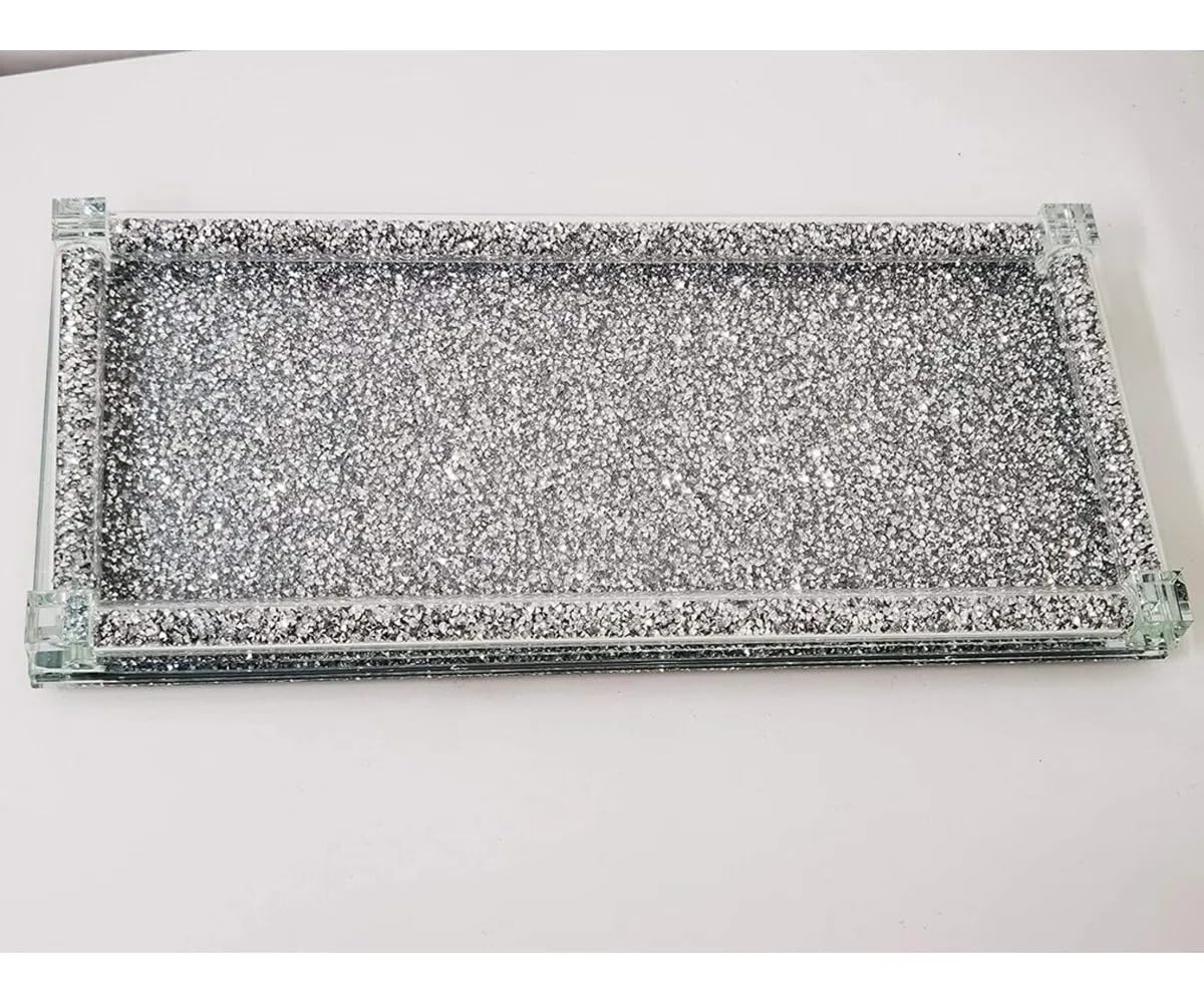 Segoy Silver Canister Tray, Sparkle Ornament Bling Crushed Diamond Gift Jewellery And Makeup Tray, Dresser Bathroom Decor