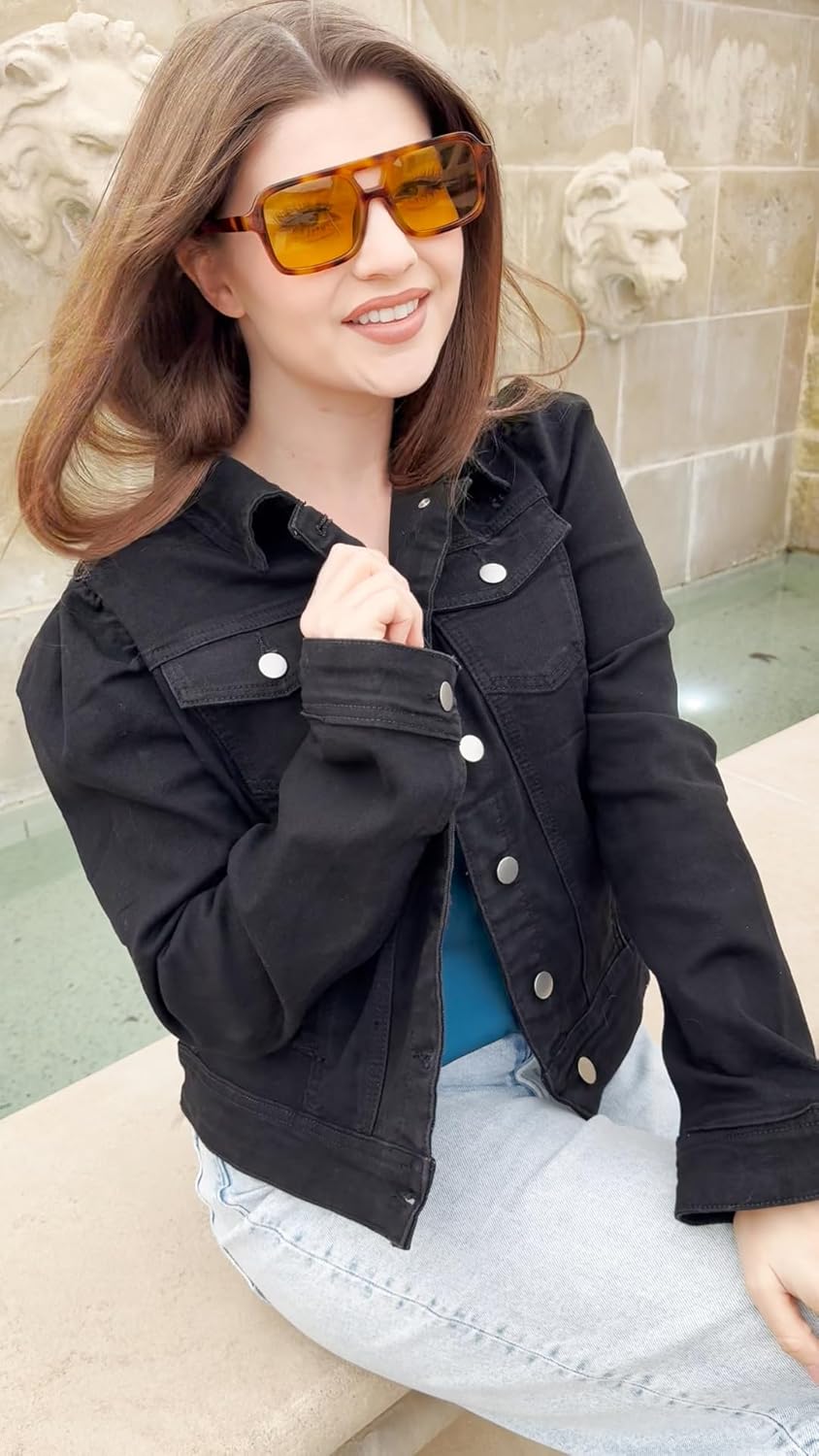 Anienaya Women's Jean Jacket Cropped Denim Jackets Stretchy Puff Long Sleeve Ripped with Pockets - Image 5