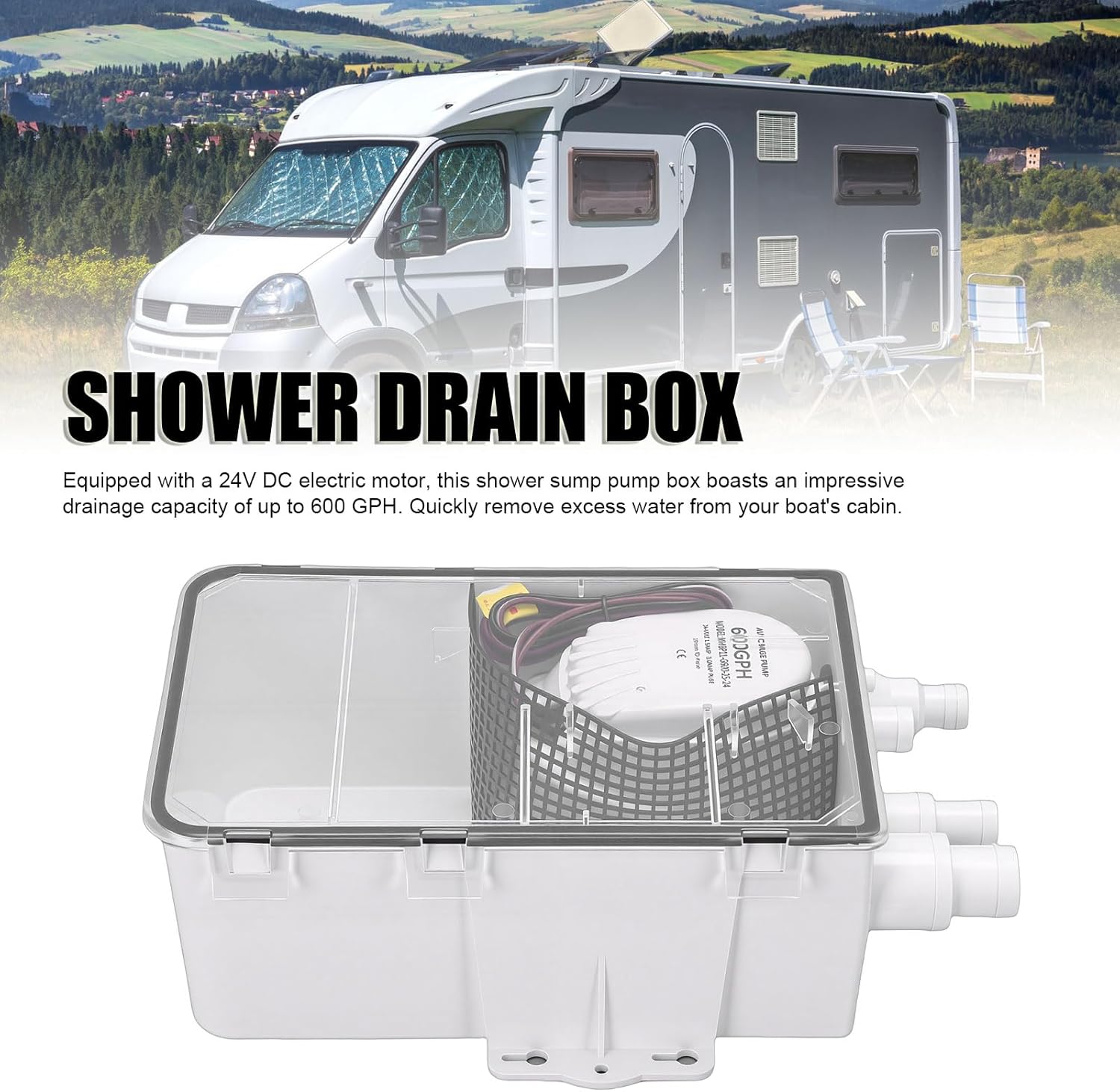 Fockety Shower Sump Pump for Boat Marine RV, 24V 600GPH Boat Marine Shower Sump Pump Drain Kit System with Multiple Inlet Ports, Automatic Switch Bilge Drain Box