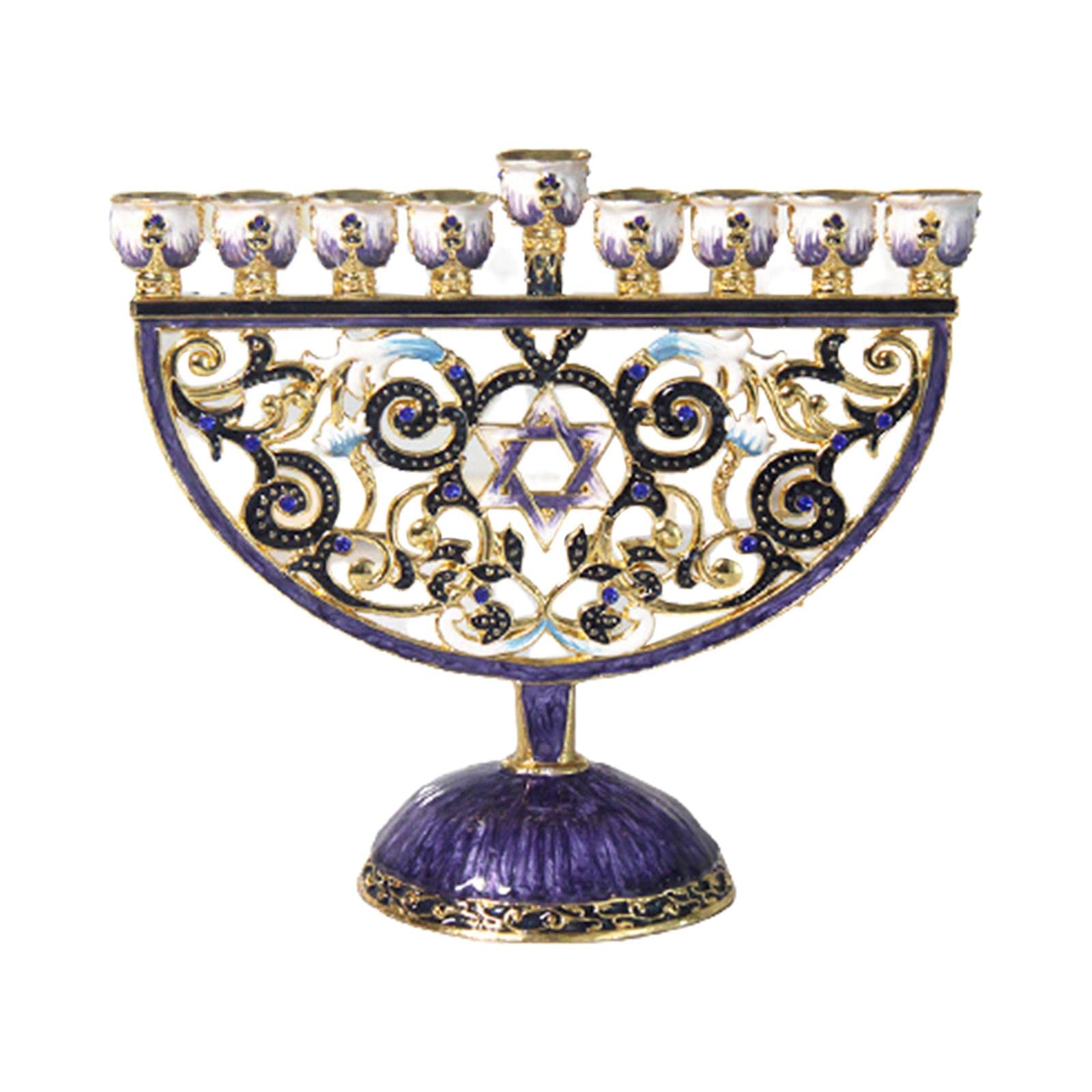 Menorah Candelabro Brazos en Metal Esmalte Adornado Motivo Floral Pintado Detalles de Cristal Adecuado para Oración Religiosa Sinagoga y