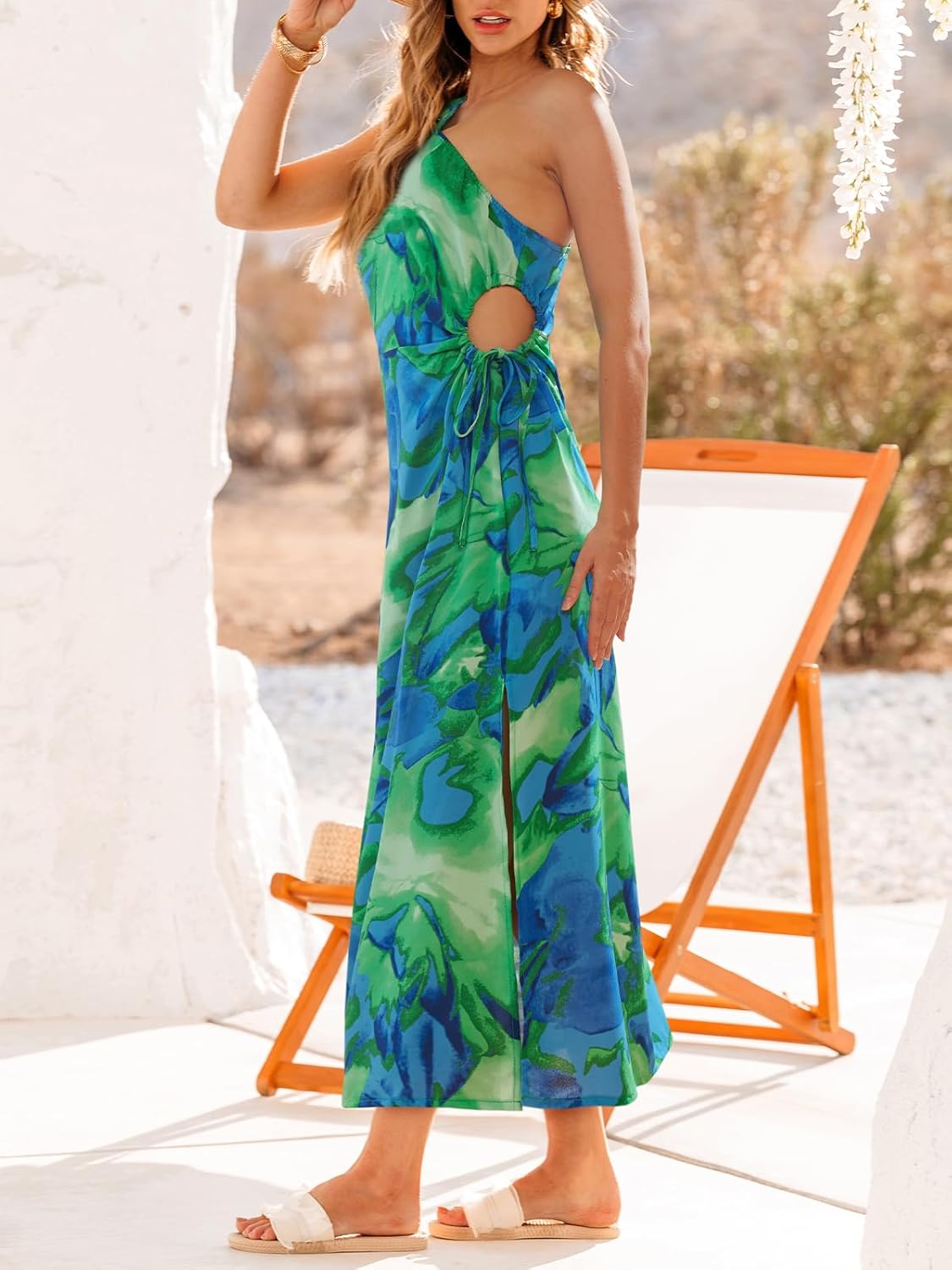 CUPSHE Women's One Shoulder Summer Midi Dresses Cutout Waist Vacation Dresses Split Sleeveless Floral Casual Beach Sundress - Image 3