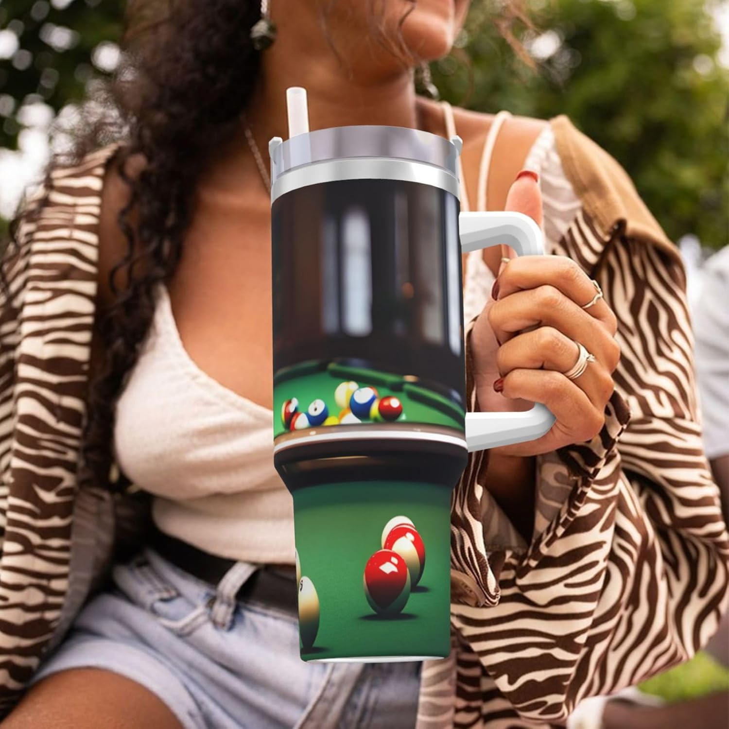 40 OZ Billiard Print Ice Bully Cup with Handle Straw Lid Straw,Stainless Steel Tumbler Coffee Cup