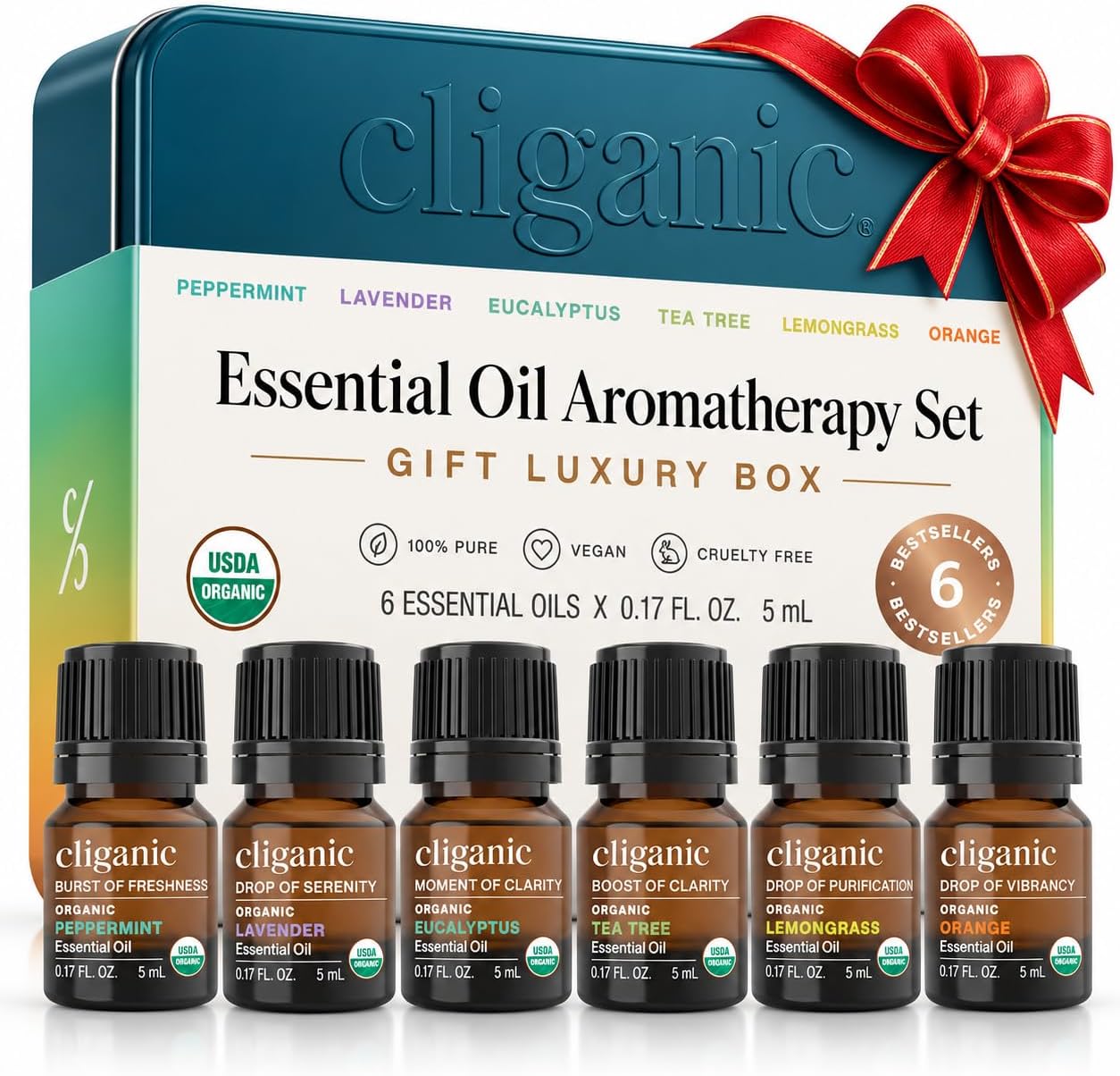 Organic Essential Oils Set for Home Diffuser, 100% Pure, Top 6
