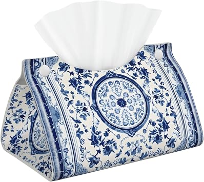 Leather Tissue Box Cover Tissue Box Holder Blue White Figure Decorative Tissue Cover for Home Office Car