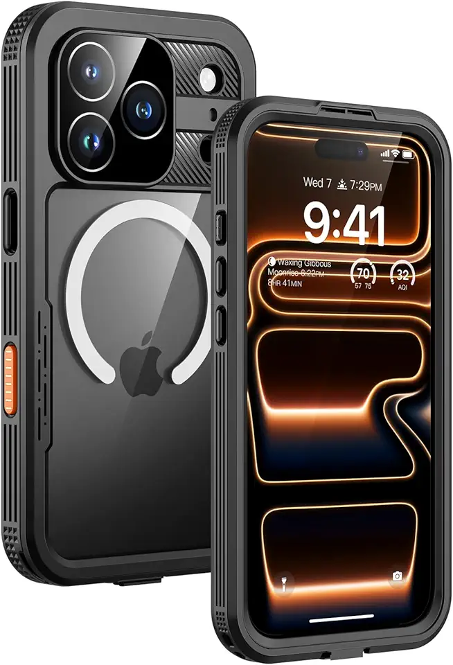 Lanhiem Capa magnética para iPhone 17 Pro Max, capa IP68 à prova d'água à prova de poeira, [compatível com Magsafe] [protetor de tela embutido] Capa de celular resistente de corpo inteiro, Preto