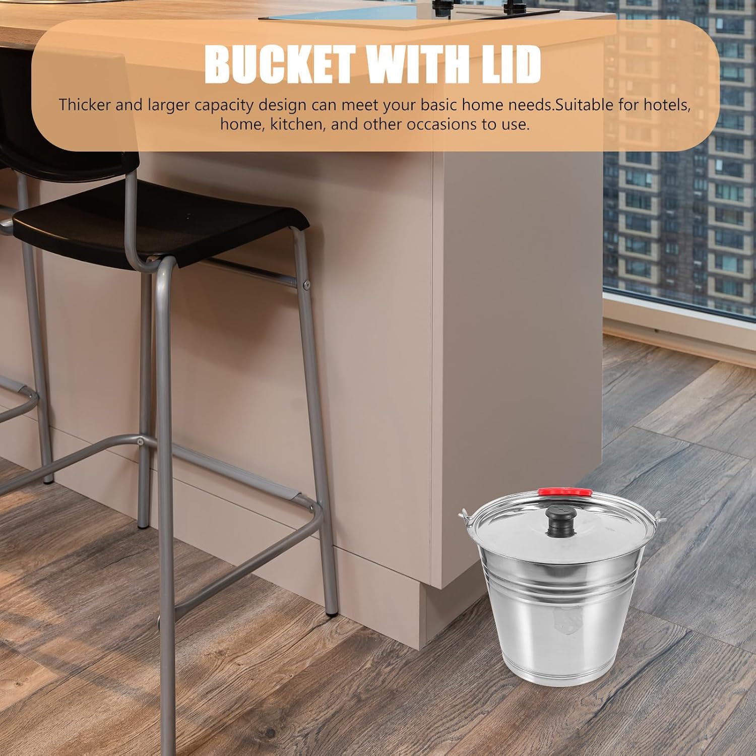L Stainless Steel Garbage Bucket with Lid and Handle for Home