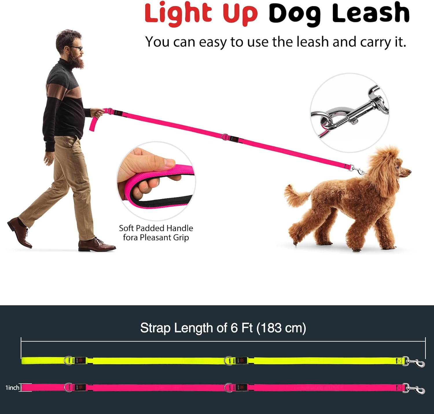 LED Dog Leash Light Up 6 Feet Micro USB Rechargeable Nylon Webbing Glow Safety Standard for Dogs by Bpawser (Pink)