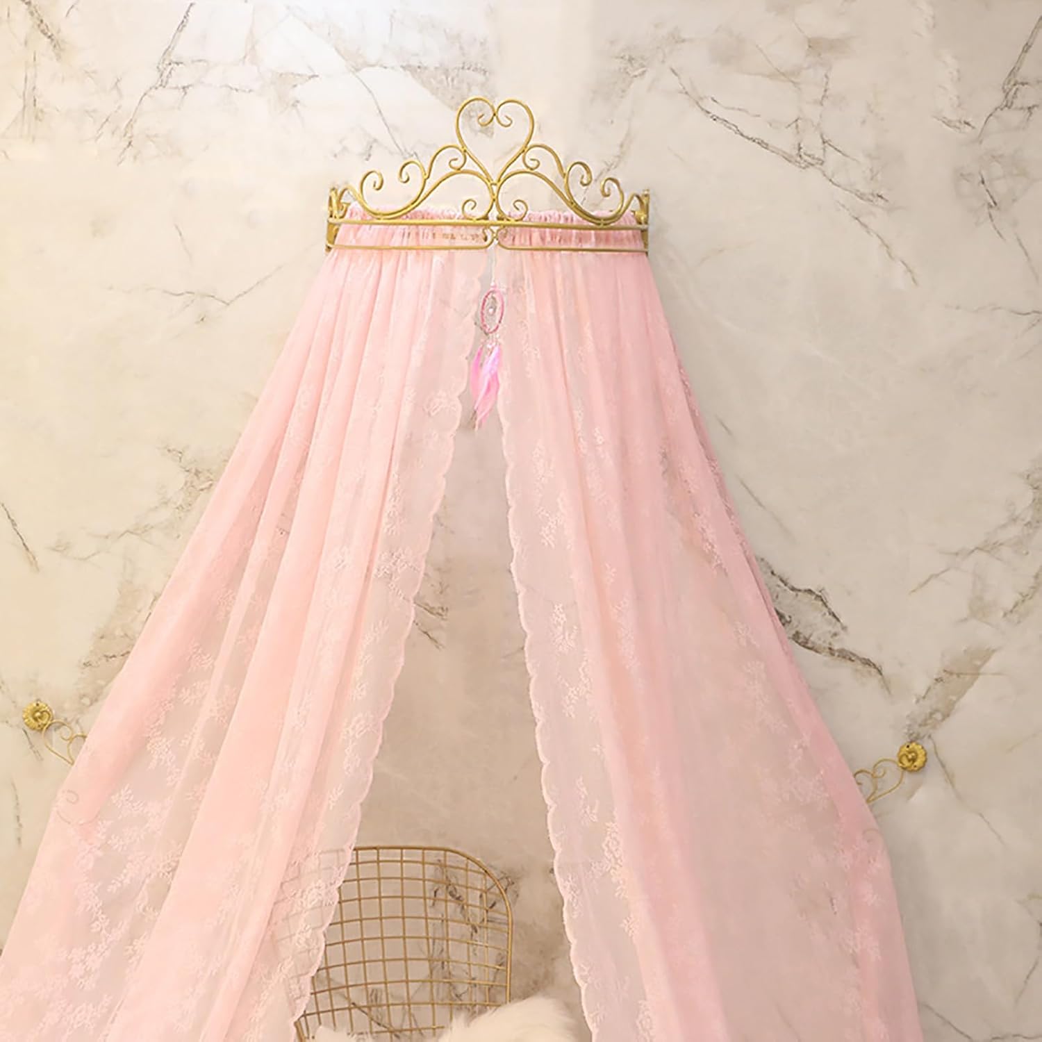 Princess Bed Canopy Mosquito Net, Lace Bed Curtain Court Mosquito Net with Decorative Drapery Metal Crown, Romantic Bedside Yarn Net for Girls Bedroom Decor, A
