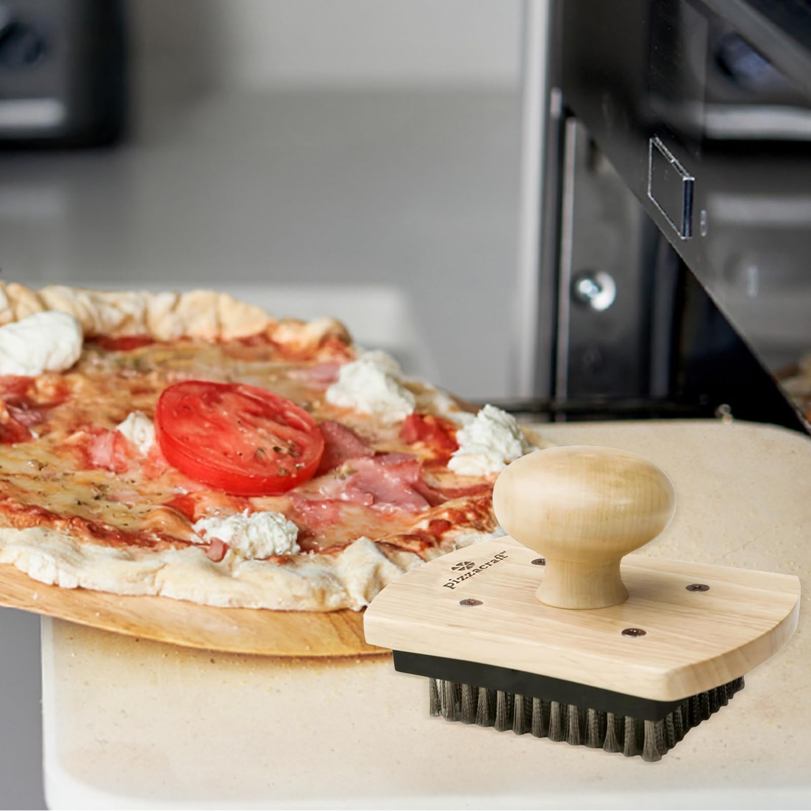 Pizzasteinbürste, 10,2 x 12,7 cm, Hartholzgriff, Pizzastein-Schrubber mit Edelstahlborsten