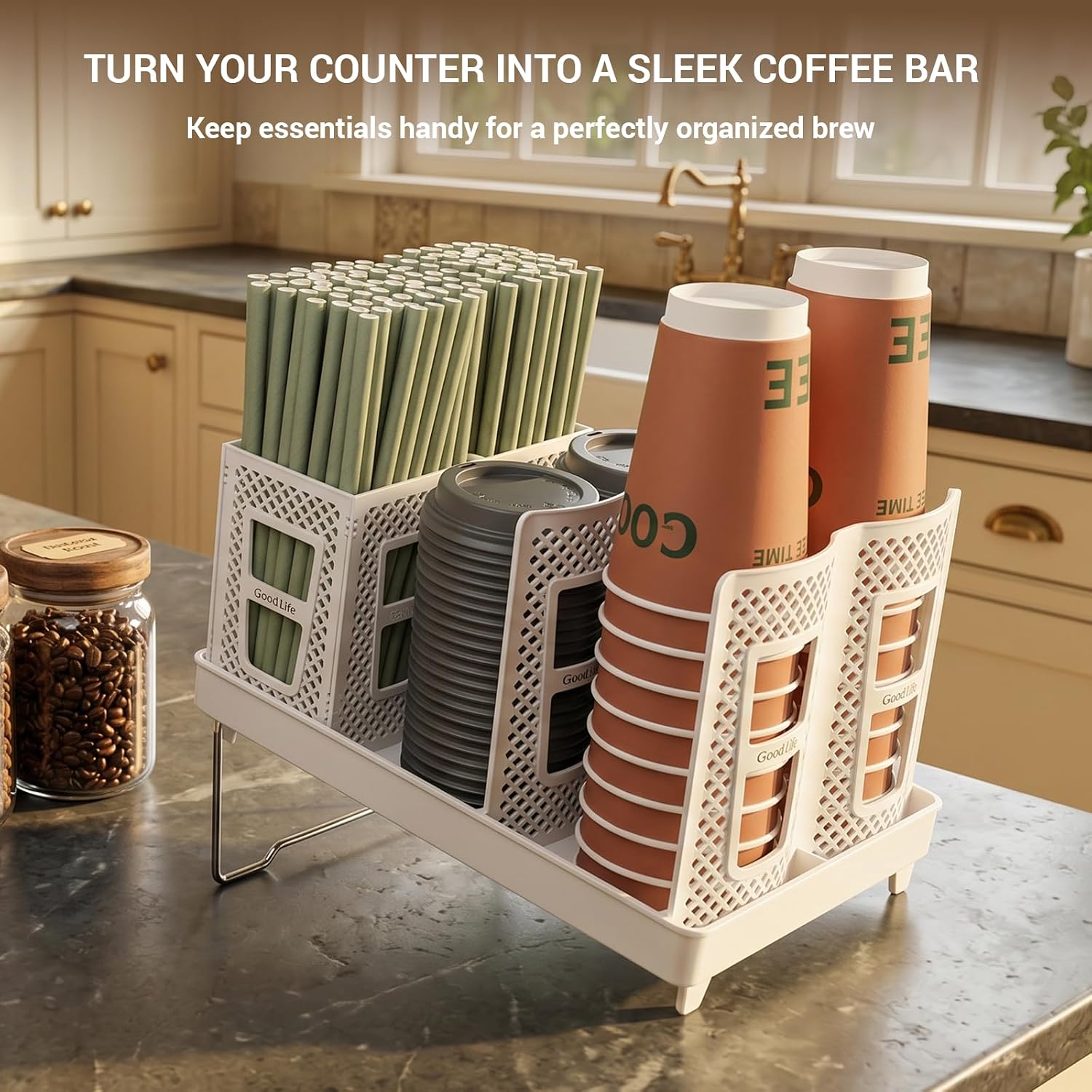 Detachable Paper Cup and Lid Holder, 6 Slots Disposable Cup Dispenser with Straw Organizer, Countertop Organizer for Coffee Station Bar Restaurant Office Breakroom (White)