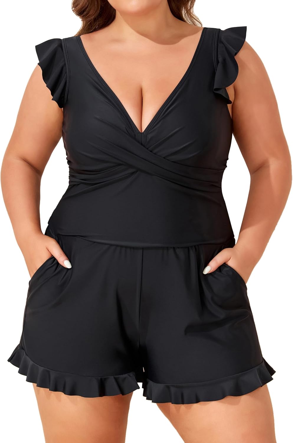 Smismivo Plus Size Swim Romper One Piece Swimsuit Women Full Coverage Bathing Suit with Pockets Modest Swimwear 2026