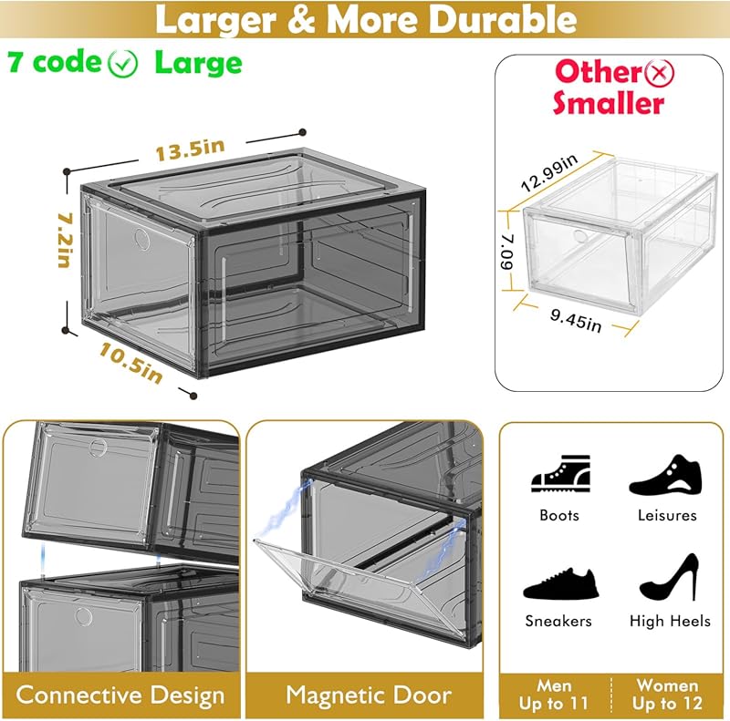 7 code Thicken & Sturdy Clear Shoe Storage Organizer with Magnetic Door, Stackable Boxes for Closet, Foldable Shoe Rack for Sneaker Boot Container, Plastic Shoe Cabinet Shoe Box 6 Pack, Black Black 6 pcs