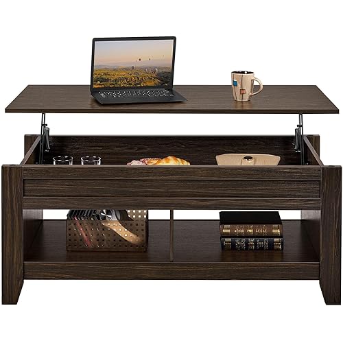 Topeakmart Lift Top Coffee Table with Hidden Storage Compartment & Open Shelves, Rising Tabletop Pop Up Table for Living Dining Room, 47.5'' L, Espresso