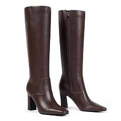 Tall Boots for Women Chunky Heel Brown Knee High Boots Women Square Toe Chocolate Brown Leather Boot Dress