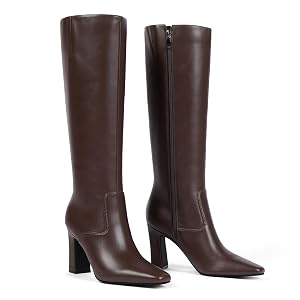 Tall Boots for Women Chunky Heel Brown Knee High Boots Women Square Toe Chocolate Brown Leather Boot Dress