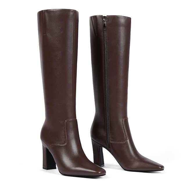 Tall Boots for Women Chunky Heel Brown Knee High Boots Women Square Toe Chocolate Brown Leather Boot Dress