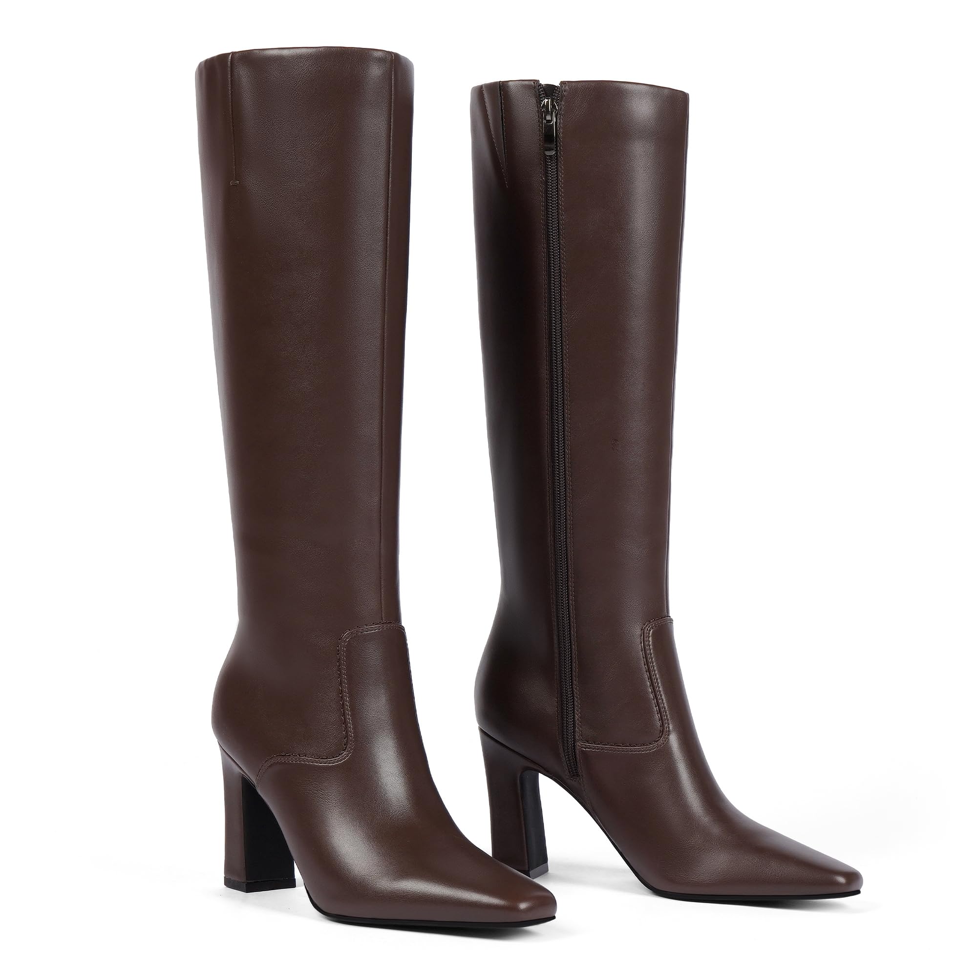 Tall Boots for Women Chunky Heel Brown Knee High Boots Women Square Toe Chocolate Brown Leather Boot Dress
