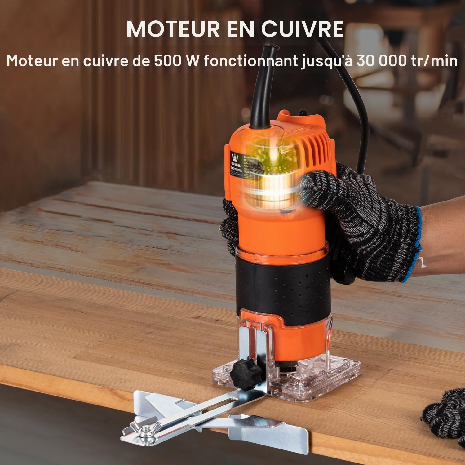 TOPWAY Défonceuse Électrique à Main 500W, Compacte avec 2 Mandrins de 1/4" et 6mm, Base pour Défonçage pour Bricolage en Menuiserie (Budget) 100636