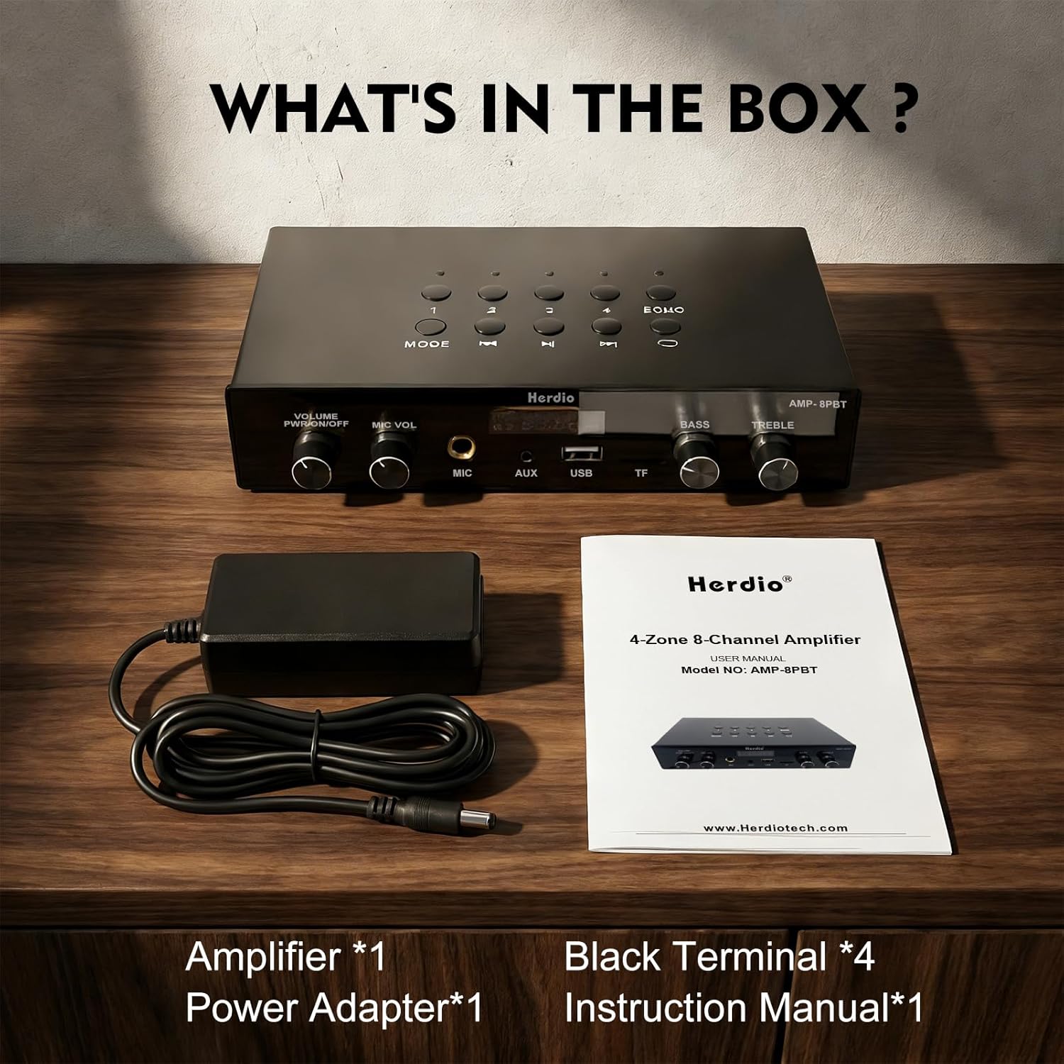 Herdio Bluetooth 5.4 Stereo Audio Amplifier Receiver - 60W Peak Power x 8 Channel with USB/TF/AUX/MIC Inputs, Bass/Treble Control, 4 Zone Independent Power Control for Multi-Room Home Audio System