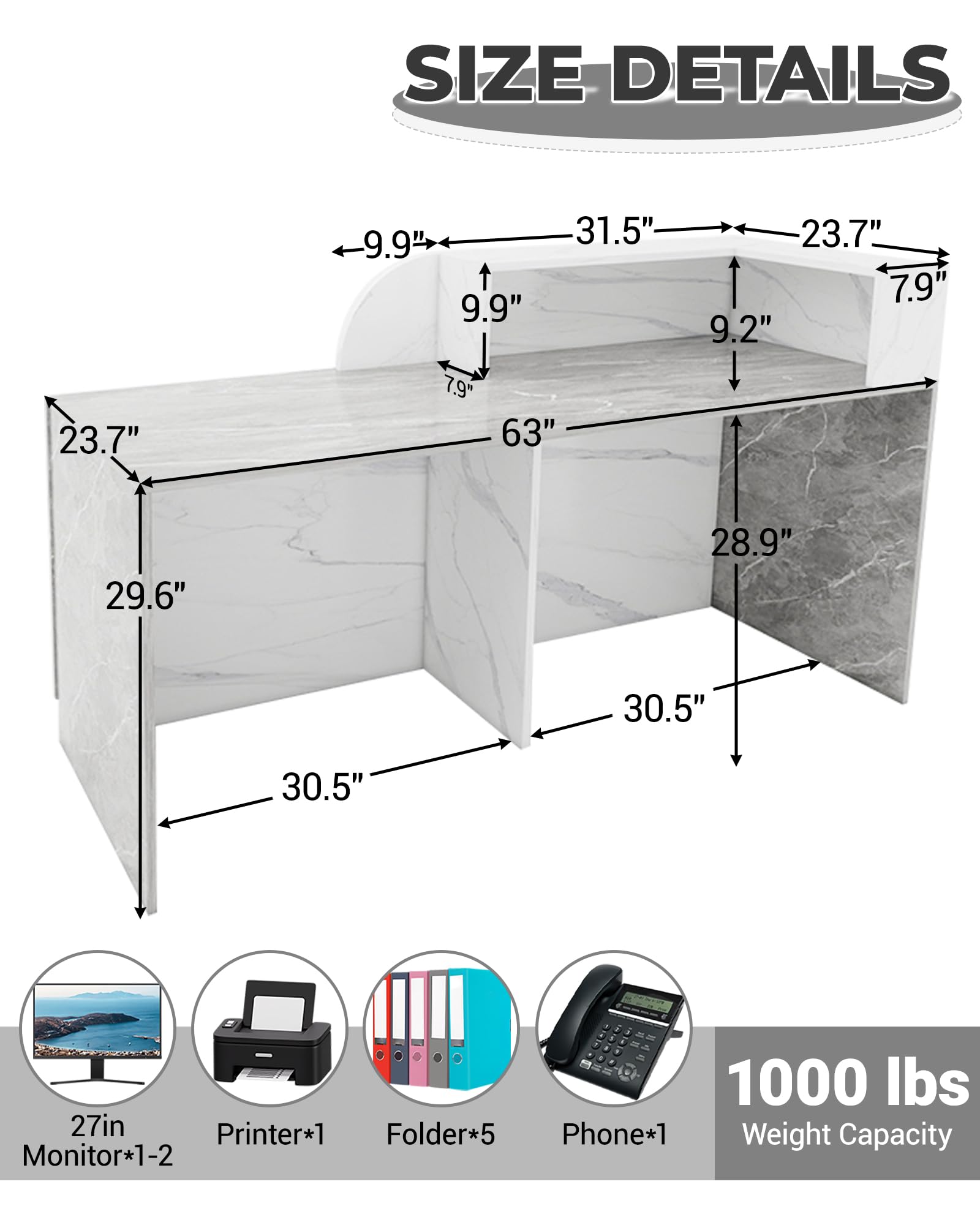 Bureau de réception en bois massif avec bandes lumineuses LED 160 cm Grain noir droit Capacité de 453,6 kg | Table de comptoir moderne pour la maison, le bureau, le hall, le magasin et le centre de