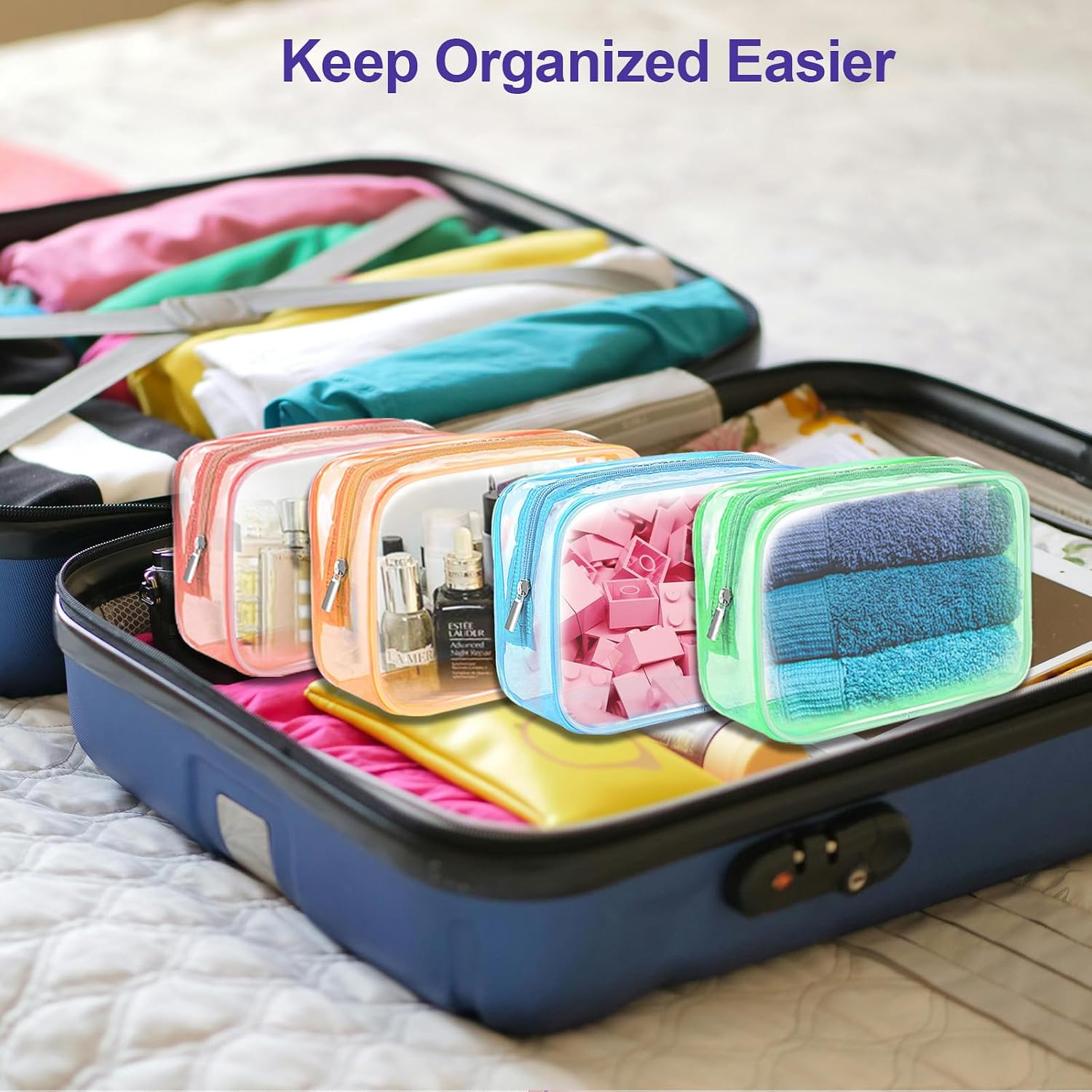 Clear Makeup Bag (4 Packs), Small TSA Approved Toiletry Bags for Traveling Small Size Cosmetic Storage Pouches for Women Organizer with Zipper Pink Orange Green Blue