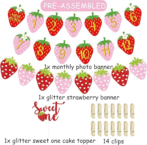 Miniatura 3 de Decoración de fiesta de primer cumpleaños de fresa, cartel mensual de fotos de bayas dulces, decoración de pastel dulce para fiesta de primer