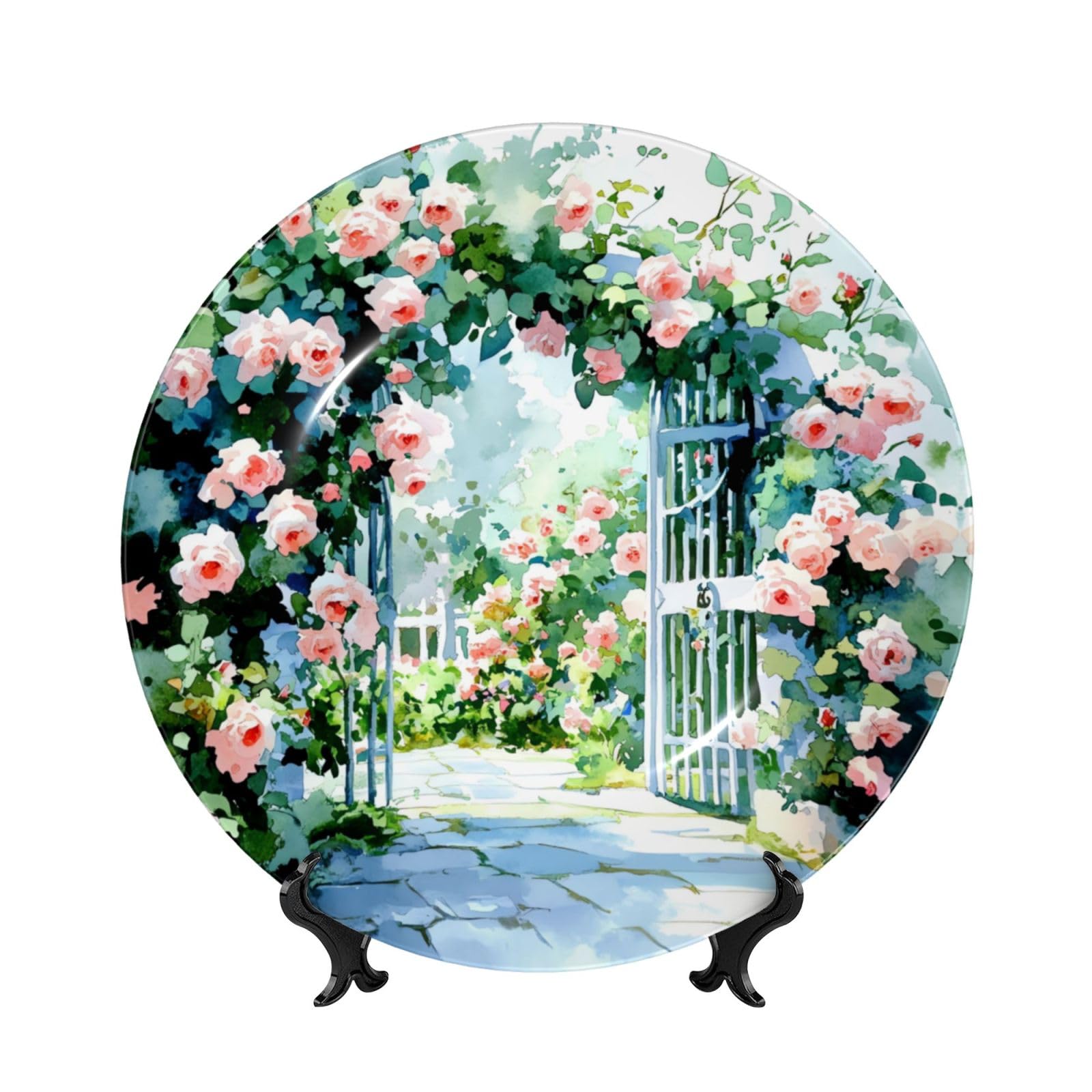 YZILDP Watercolor Roses Garden Ceramic Plate with Stand,6 in,Farmhouse Decorative Plates for Wall Hanging Ceramic Craft for Kitchen Cabinets Dining Room Office Home Decor,Round