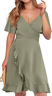 Womens Summer Wrap Mini Dress Casual V Neck Short Sleeve Ruffle Hem Cocktail Wedding Guest Dresses - Buy now