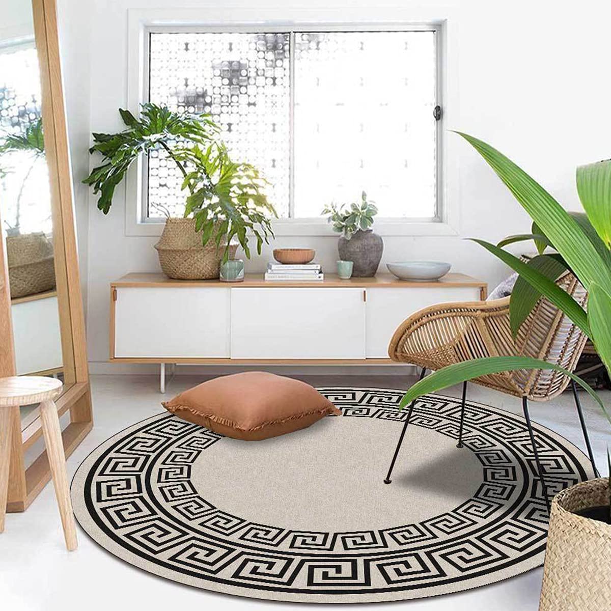 N A Round Rugs And Carpets ​For Home Living Room Black And White Geometric Retro Style Pattern Round Rug Large for Bedroom Home Decoration,B,120CM
