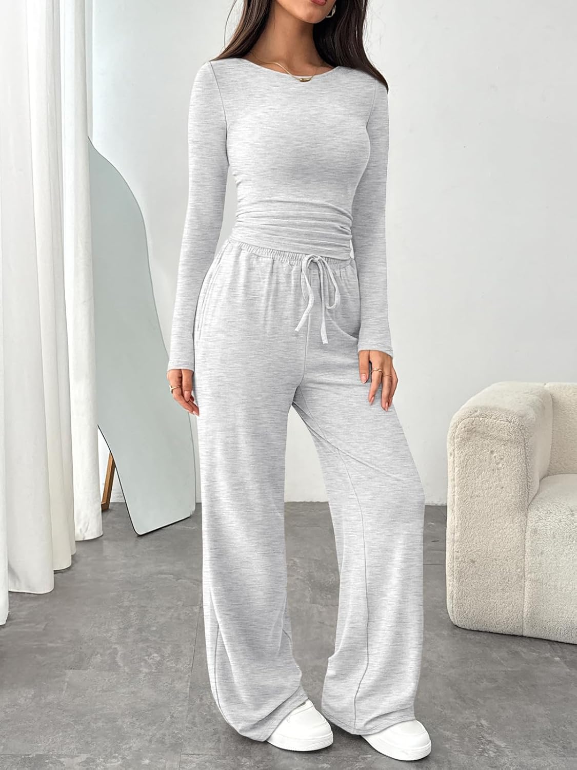 Trendy Queen Women's 2 Piece Matching Lounge Set Boat Neck Slim Fitted Top Wide Leg Pants Casual Tracksuits - Image 3