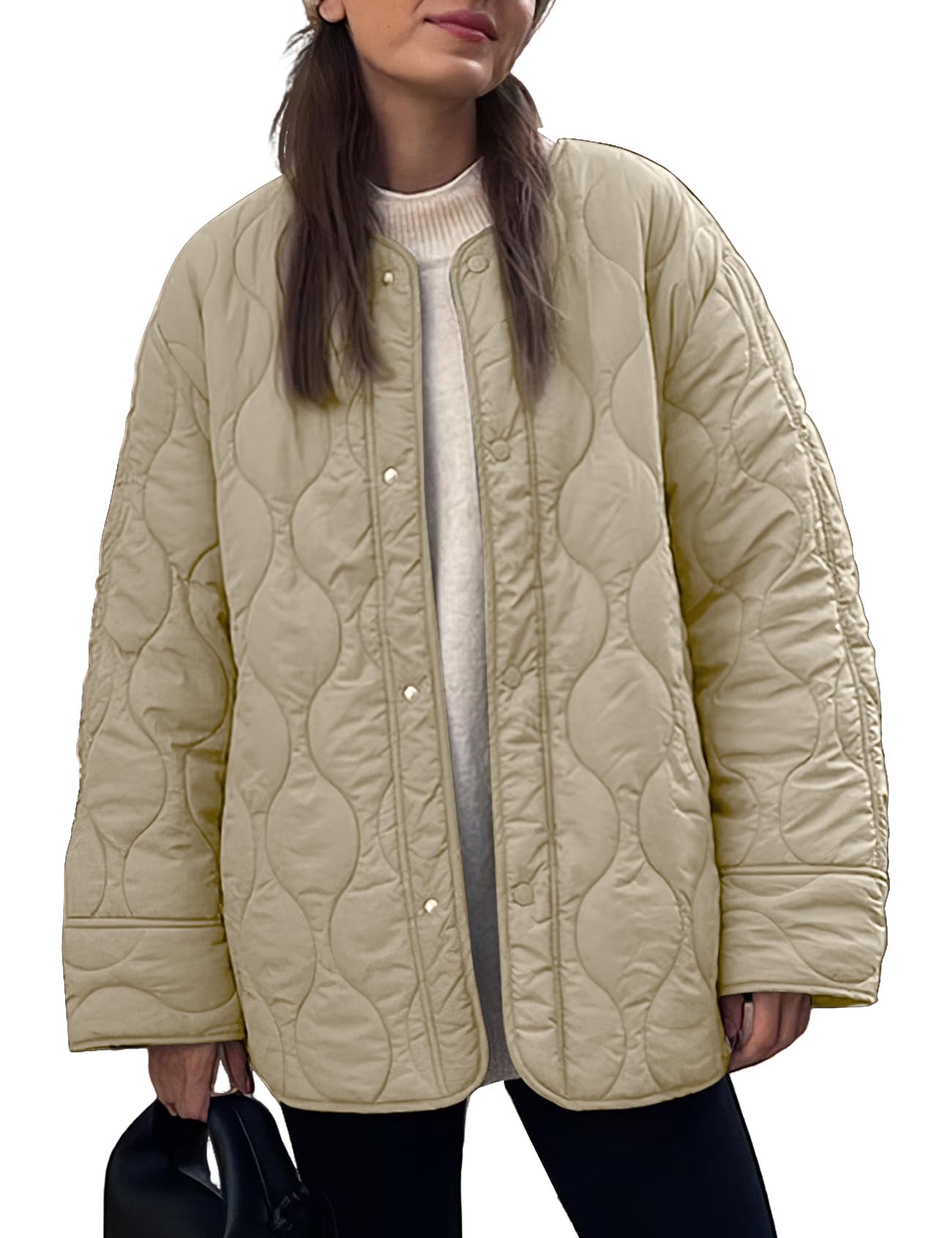 Women's Fall Winter Quilted Cotton Coat: Loose Fit Round Neck Casual Jacket, Solid Color Oversized Padded Outerwear for Trendy Daily Streetwear — view 9