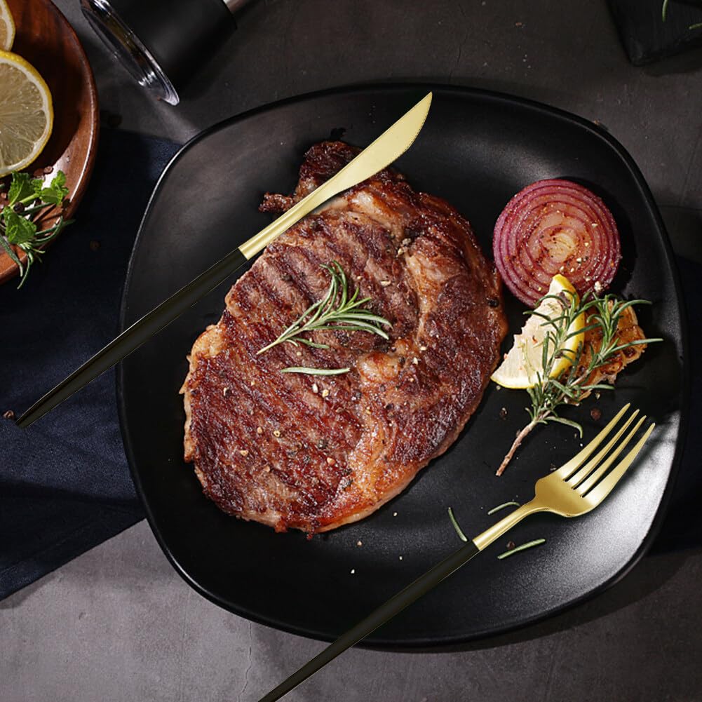 Couverts de Table en Acier Inoxydable, Lot de 24 Ensemble d'ustensiles Avec Couteau à Steak, Fourchette et Cuillère, Set de Couverts pour 6 Personnes avec Boîte, Cadeau de Noël (Or Rouge)