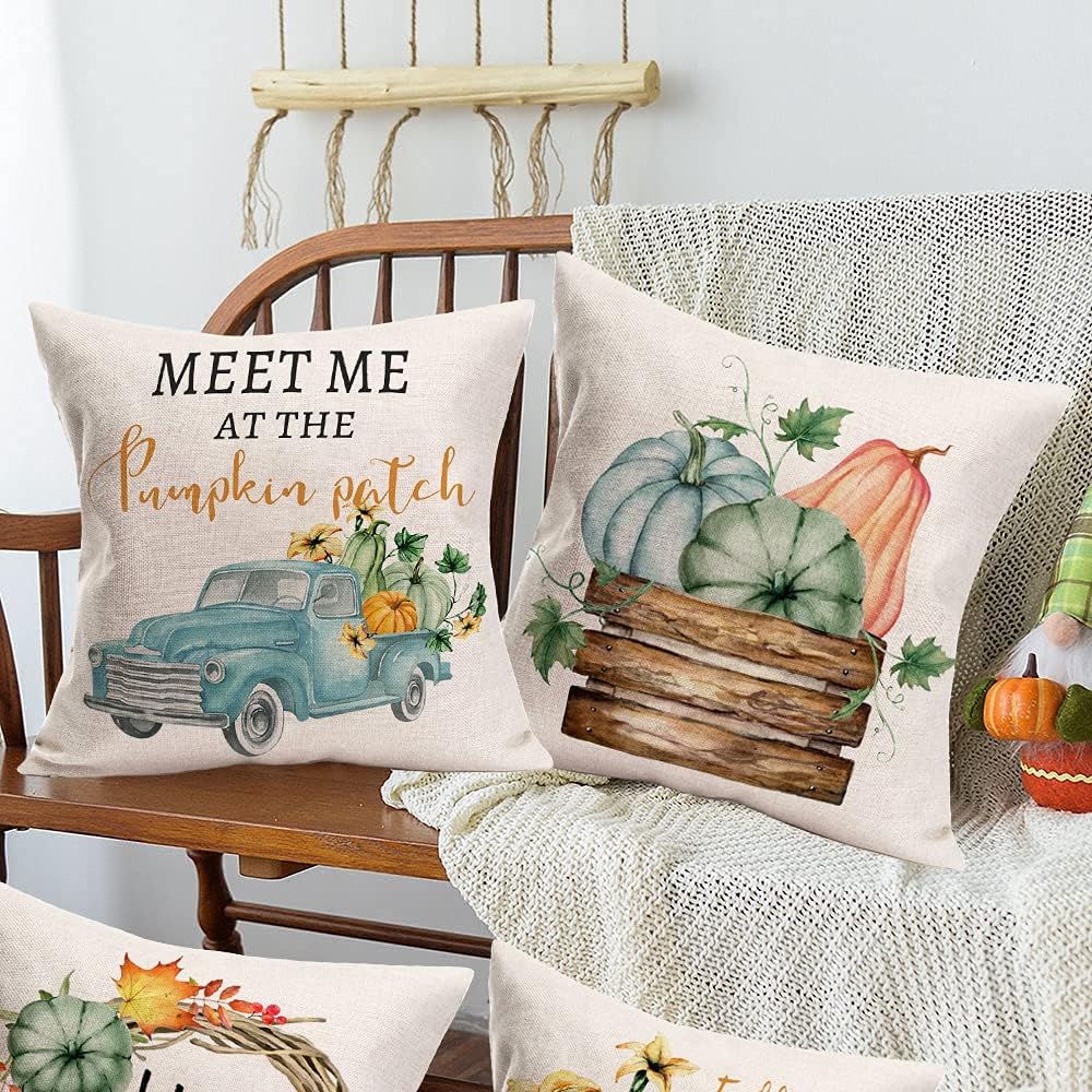 Fukeen Pumpkin Home Fall Decor Throw Pillow Covers 22x22 Inch Set of 4 Autumn Harvest Maple Leaf Flower with Blue Truck Rustic Farmhouse Decorations Pillow Cases Thanksgiving Cotton Linen