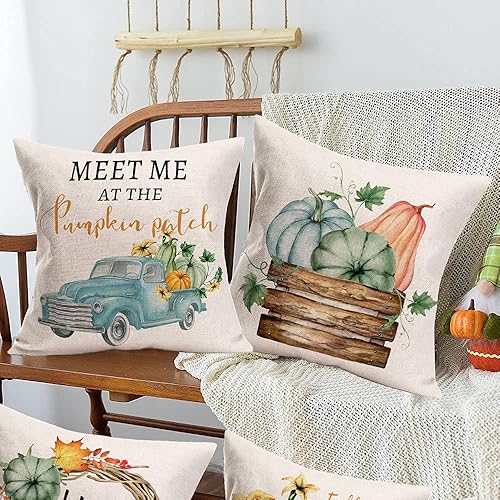 Miniatura 5 de Juego de 4 fundas de almohada de calabaza para decoración de otoño para el hogar, 22 x 22 pulgadas, juego de 4 flores de hoja de arce con camión
